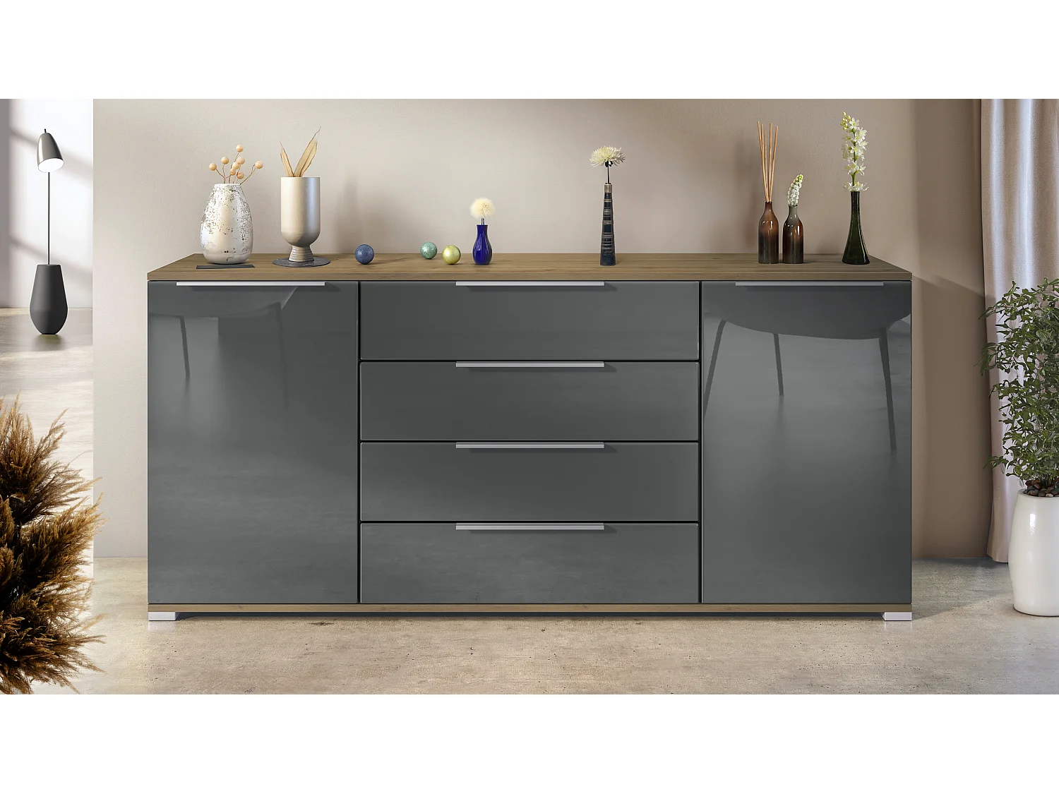Buffet Linio V2 – Commode moderne avec 2 portes et 4 tiroirs, Chêne Evoke/gris haute brillance, 166,5 x 75,5 x 35 cm (L x H x P) – Meuble de rangement bahut