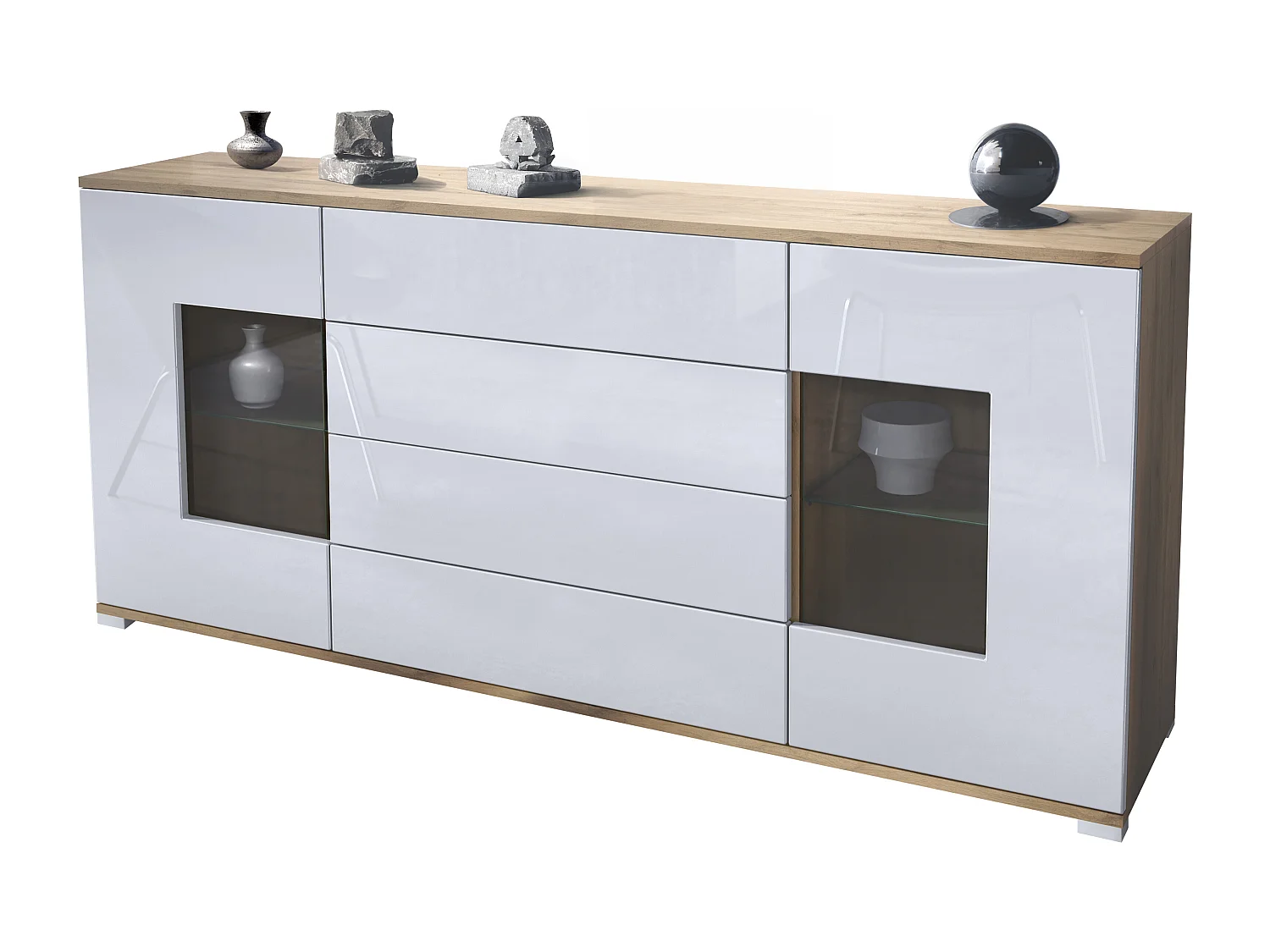 Buffet Grömitz V2 – Meuble avec 2 Grandes Portes et 4 Tiroirs, Chêne Evoke/blanc haute brillance (166,5 x 75,5 x 35)