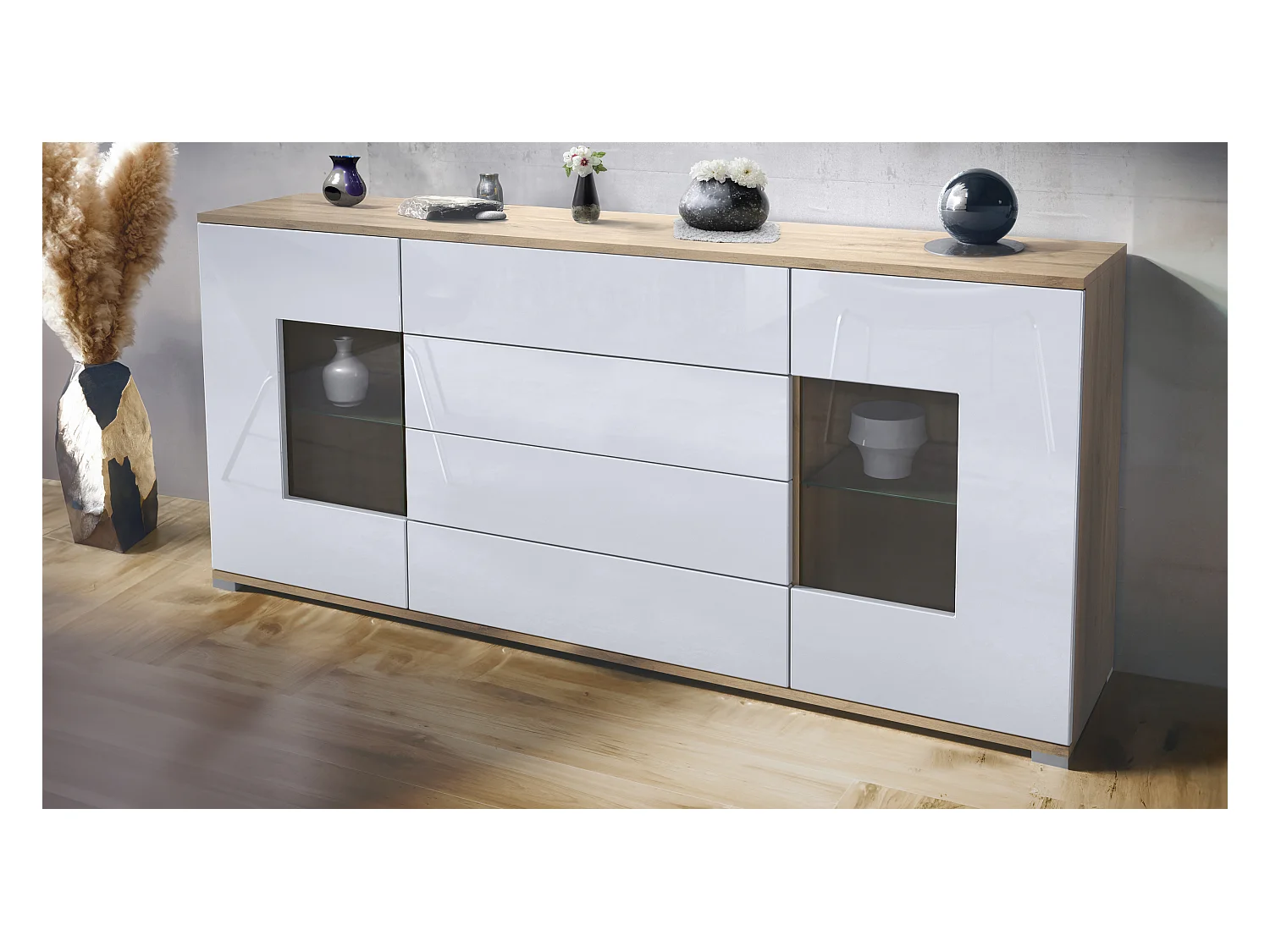 Buffet Grömitz V2 – Meuble avec 2 Grandes Portes et 4 Tiroirs, Chêne Evoke/blanc haute brillance (166,5 x 75,5 x 35)