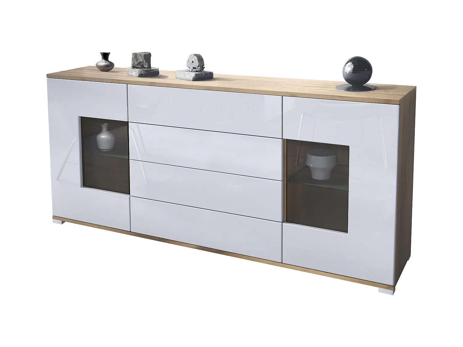 Buffet Grömitz V2 – Meuble avec 2 Grandes Portes et 4 Tiroirs, Chêne Evoke/blanc haute brillance (166,5 x 75,5 x 35)