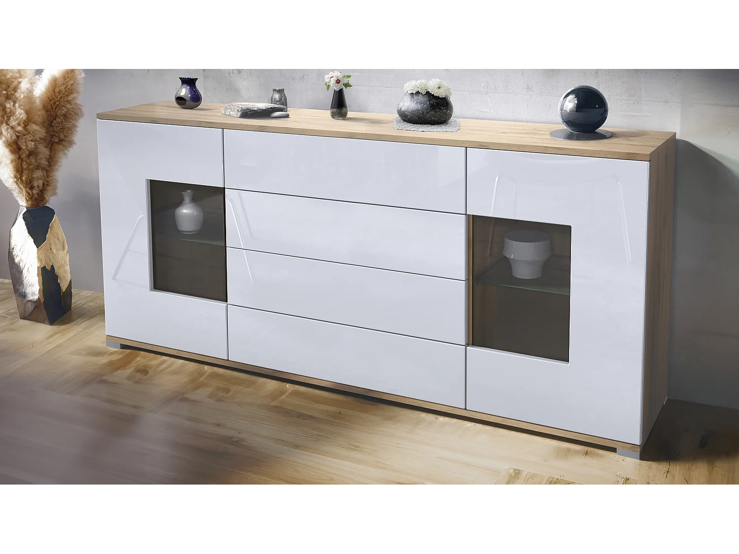 Buffet Grömitz V2 – Meuble avec 2 Grandes Portes et 4 Tiroirs, Chêne Evoke/blanc haute brillance (166,5 x 75,5 x 35)