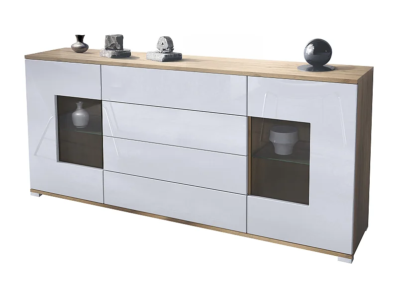 Buffet Grömitz V2 – Meuble avec 2 Grandes Portes et 4 Tiroirs, Chêne Evoke/blanc haute brillance (166,5 x 75,5 x 35)
