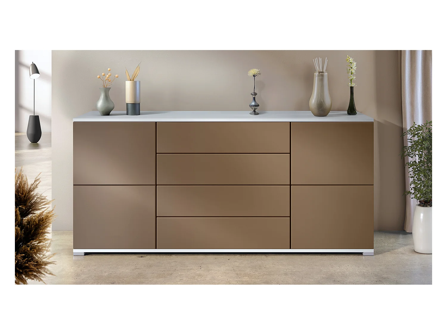 Buffet Rova V2 – Meuble avec 4 Portes et 4 Tiroirs, blanc mat/aspect bronzé (166,5 x 75,5 x 35)