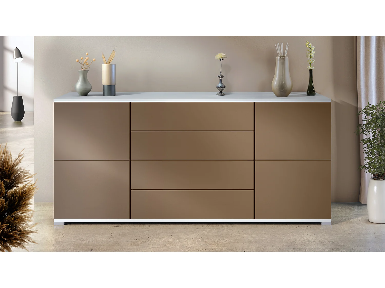 Buffet Rova V2 – Meuble avec 4 Portes et 4 Tiroirs, blanc mat/aspect bronzé (166,5 x 75,5 x 35)