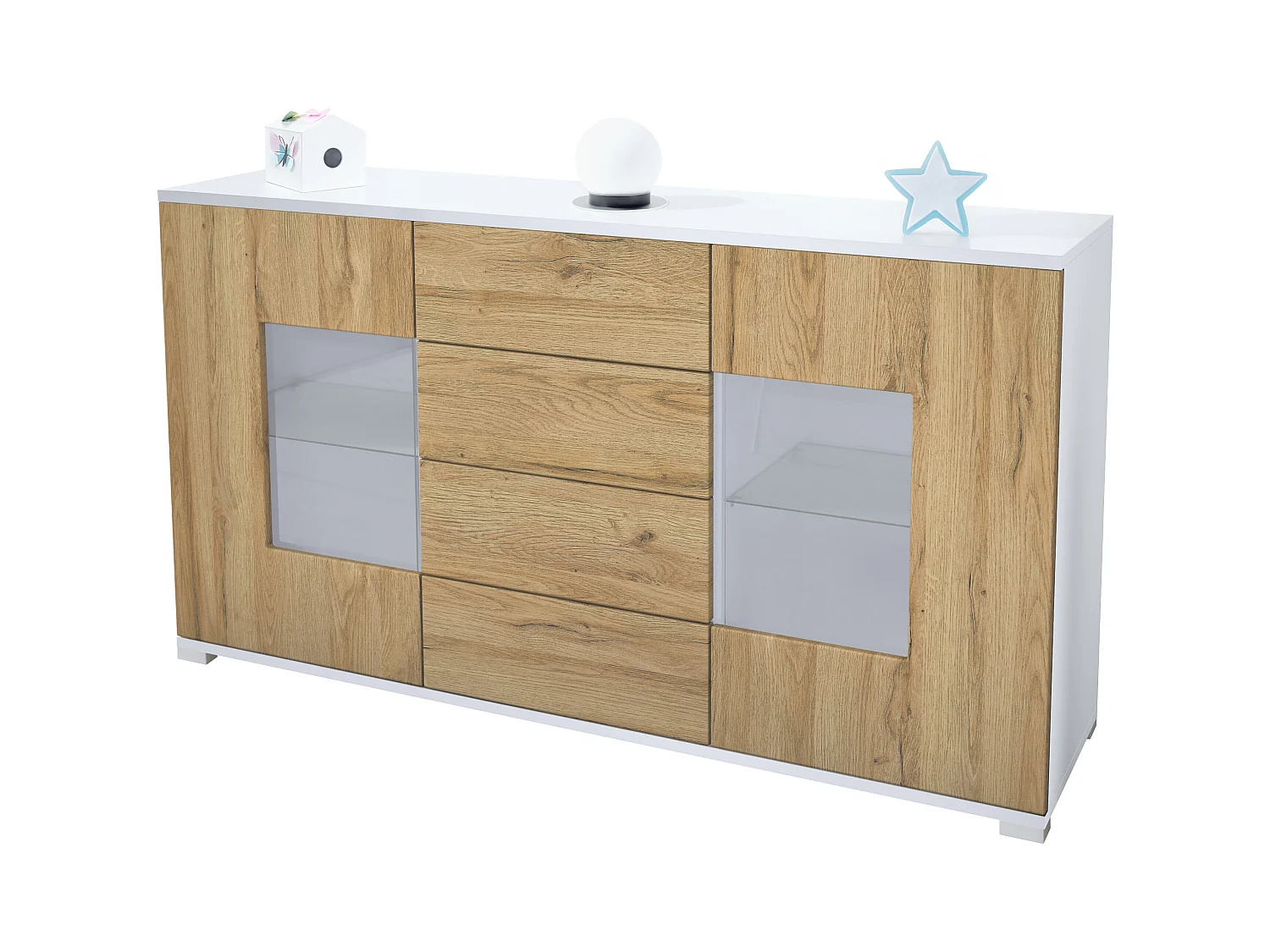 Buffet Grömitz V1 – Meuble avec 2 Grandes Portes et 4 Tiroirs, blanc mat/chêne nature (138,5 x 75,5 x 35)