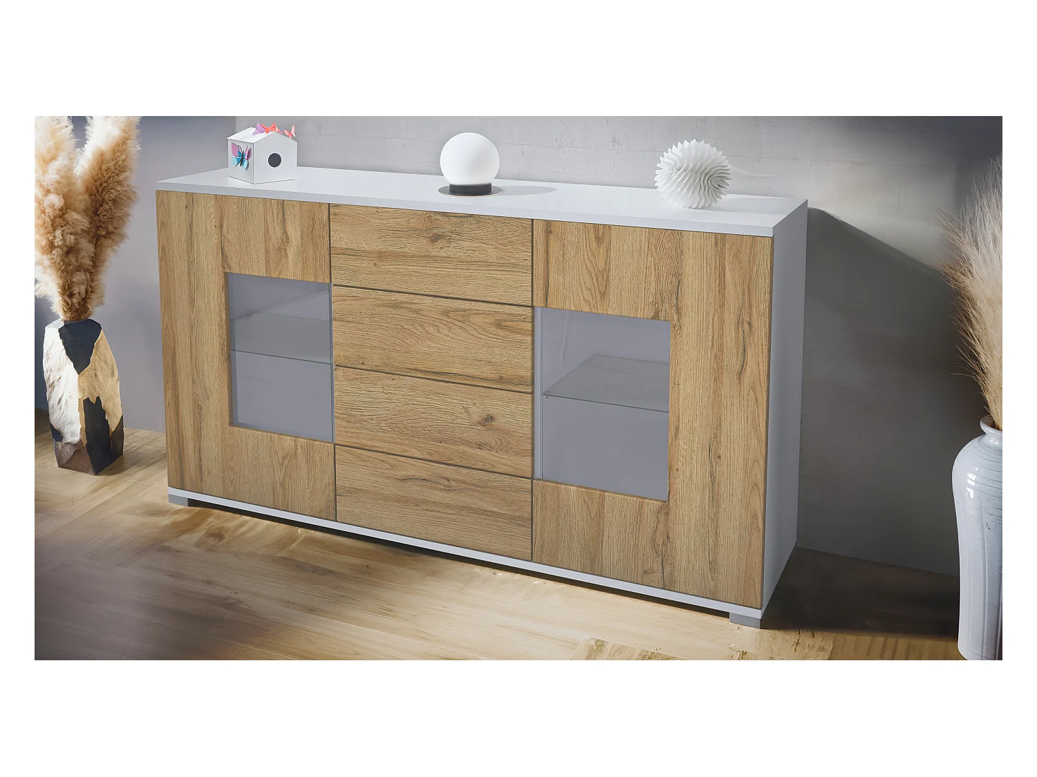 Buffet Grömitz V1 – Meuble avec 2 Grandes Portes et 4 Tiroirs, blanc mat/chêne nature (138,5 x 75,5 x 35)