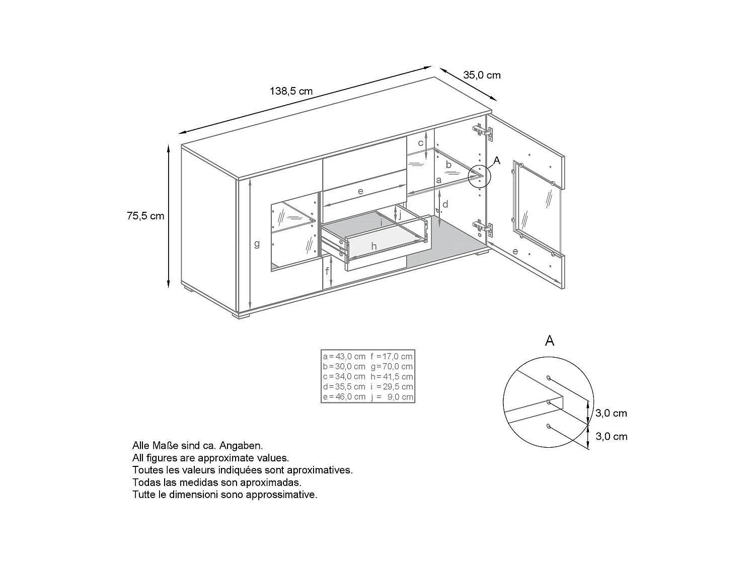 Buffet Grömitz V1 – Meuble avec 2 Grandes Portes et 4 Tiroirs, blanc mat/chêne nature (138,5 x 75,5 x 35)