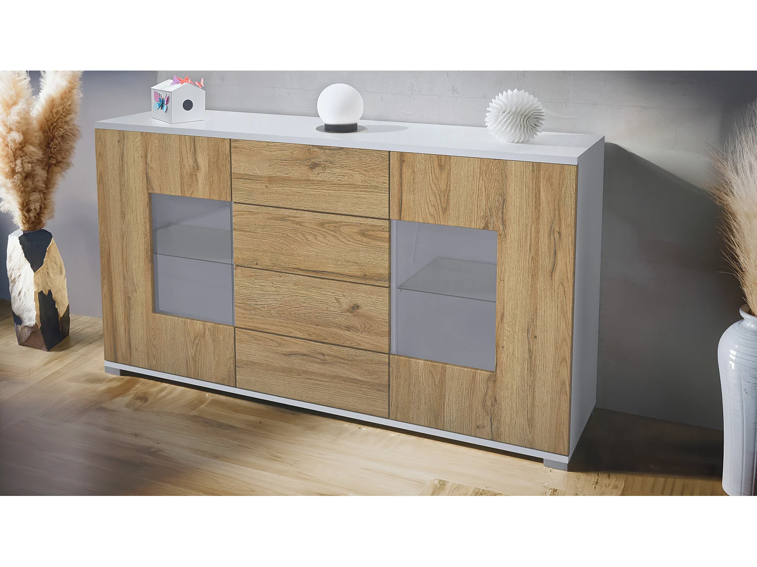 Buffet Grömitz V1 – Meuble avec 2 Grandes Portes et 4 Tiroirs, blanc mat/chêne nature (138,5 x 75,5 x 35)