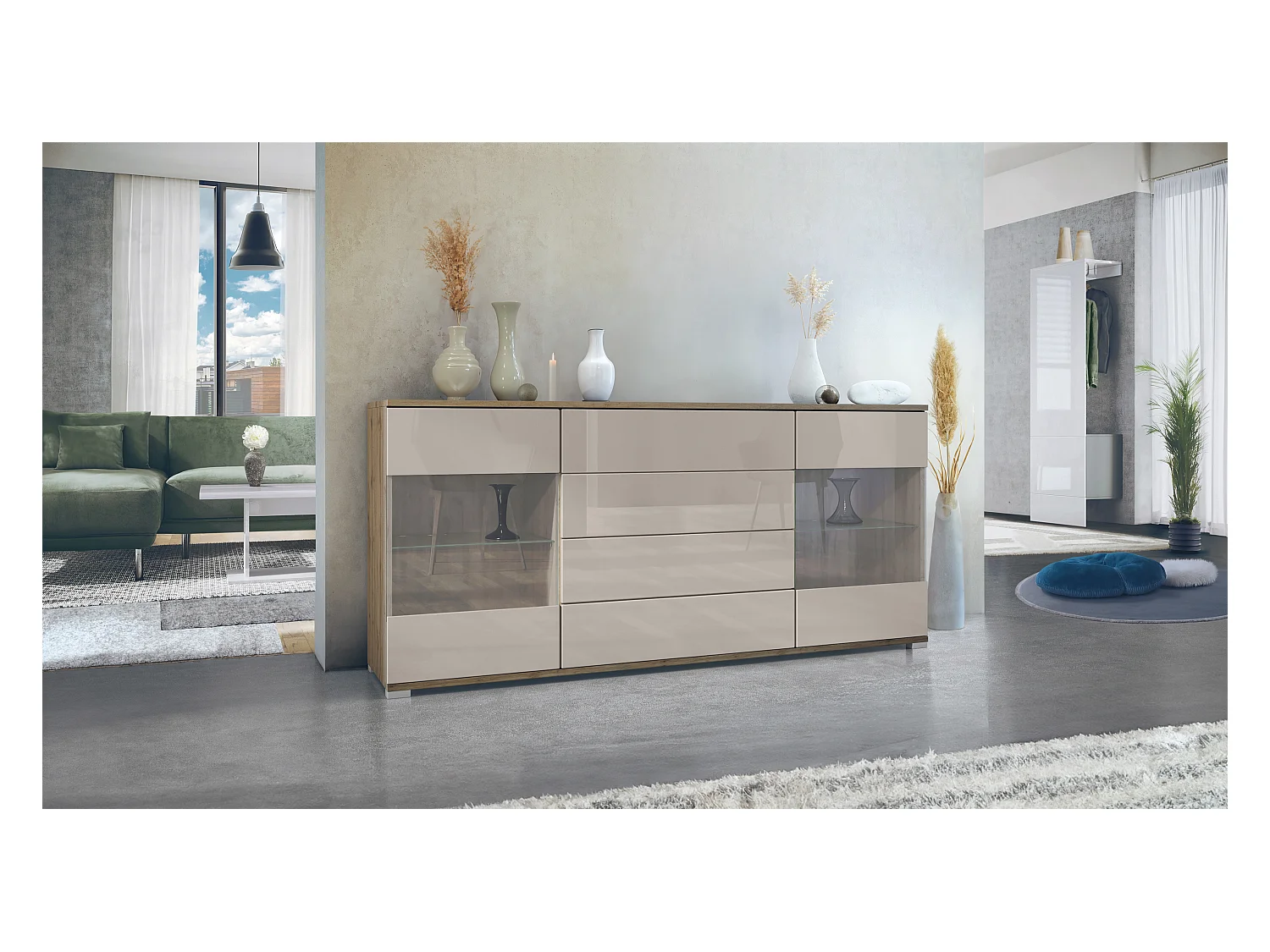 Buffet Bari V2 – Meuble avec 2 Grandes Portes et 4 Tiroirs, Chêne Evoke/gris sable haute brillance (166,5 x 75,5 x 35)