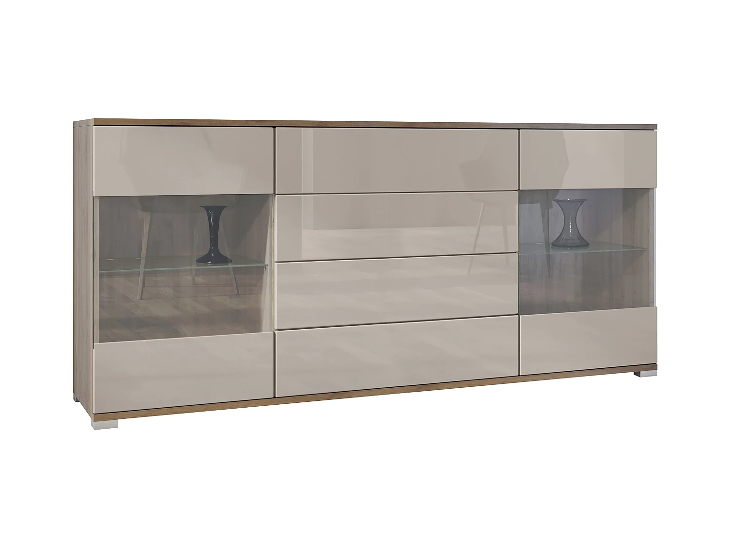 Buffet Bari V2 – Meuble avec 2 Grandes Portes et 4 Tiroirs, Chêne Evoke/gris sable haute brillance (166,5 x 75,5 x 35)