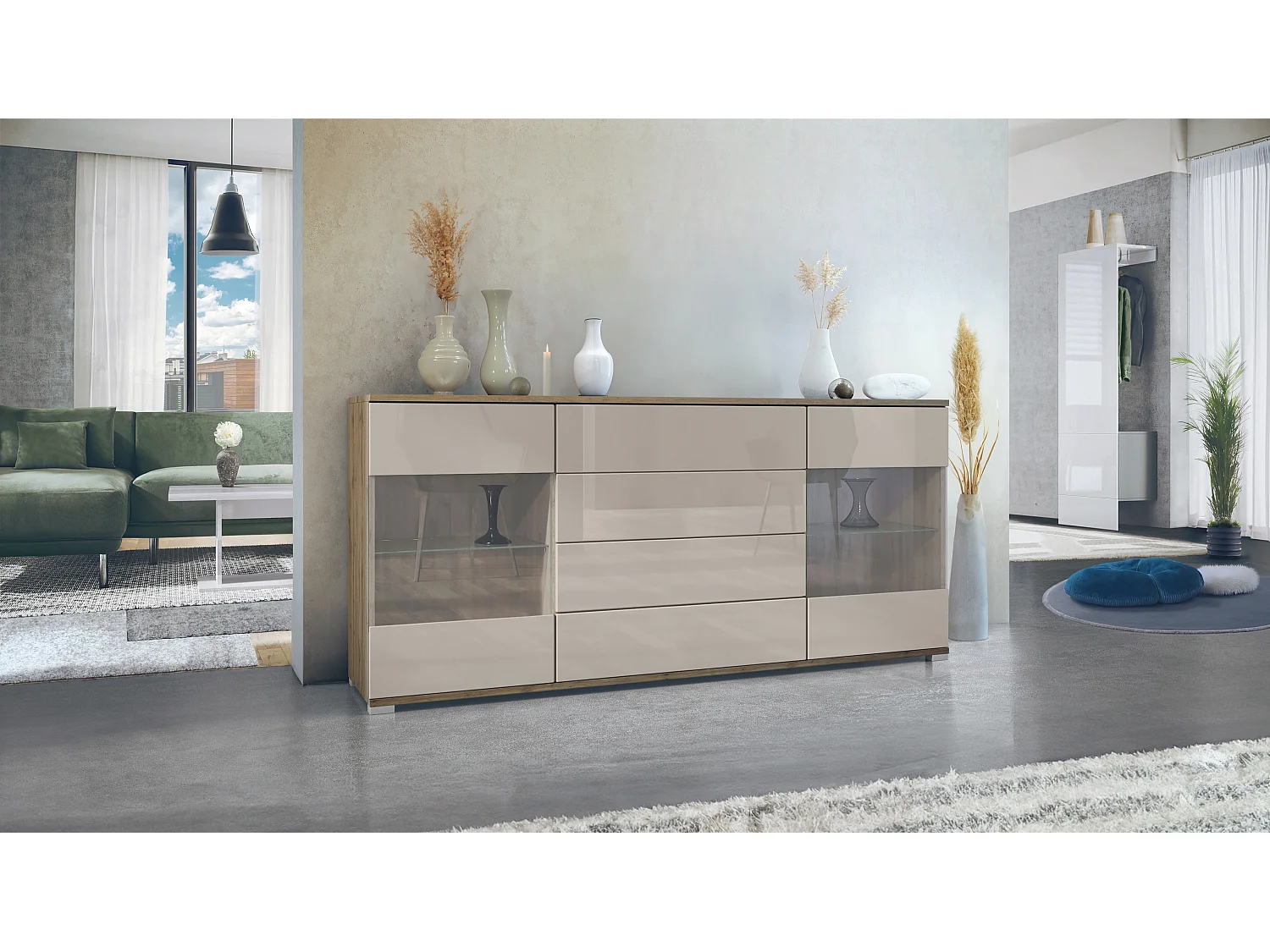 Buffet Bari V2 – Meuble avec 2 Grandes Portes et 4 Tiroirs, Chêne Evoke/gris sable haute brillance (166,5 x 75,5 x 35)