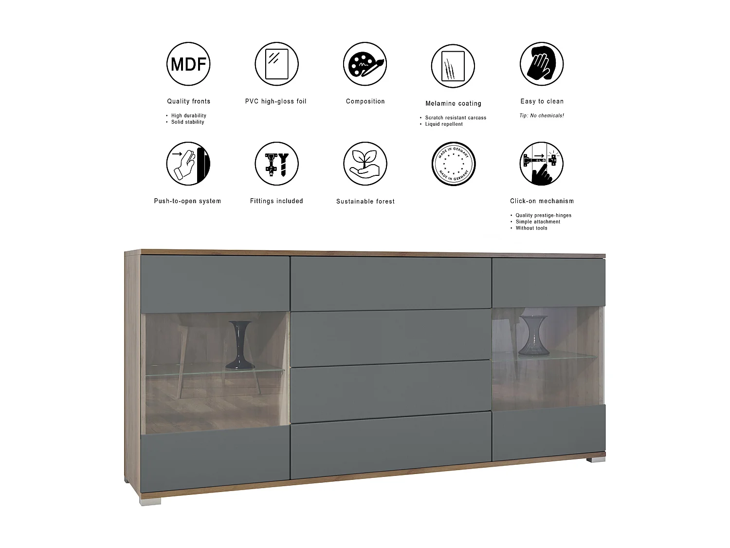 Buffet Bari V2 – Meuble avec 2 Grandes Portes et 4 Tiroirs, Chêne Evoke/gris sable haute brillance (166,5 x 75,5 x 35)