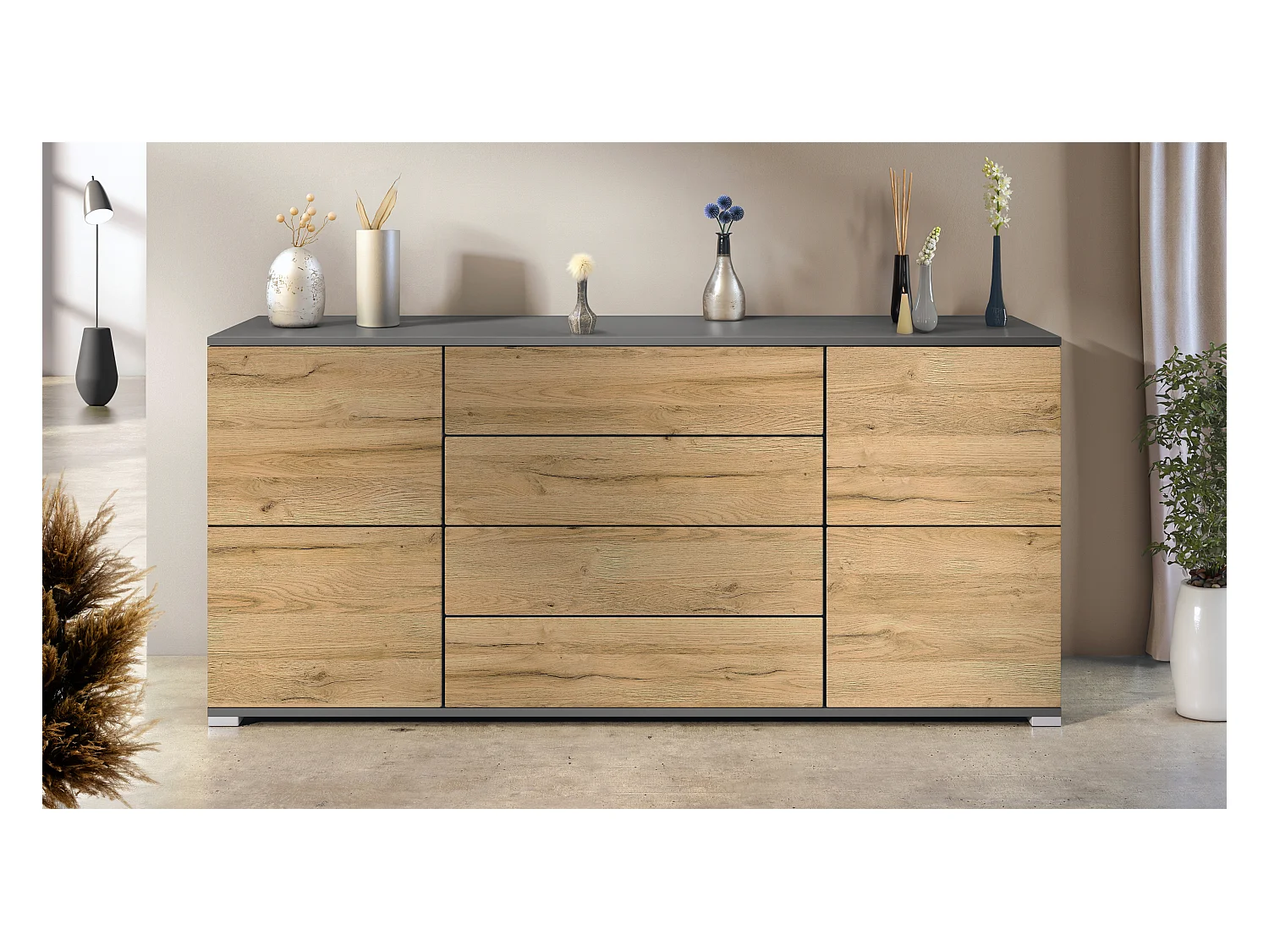 Buffet Rova V2 – Meuble avec 4 Portes et 4 Tiroirs, anthracite mat/chêne nature (166,5 x 75,5 x 35)