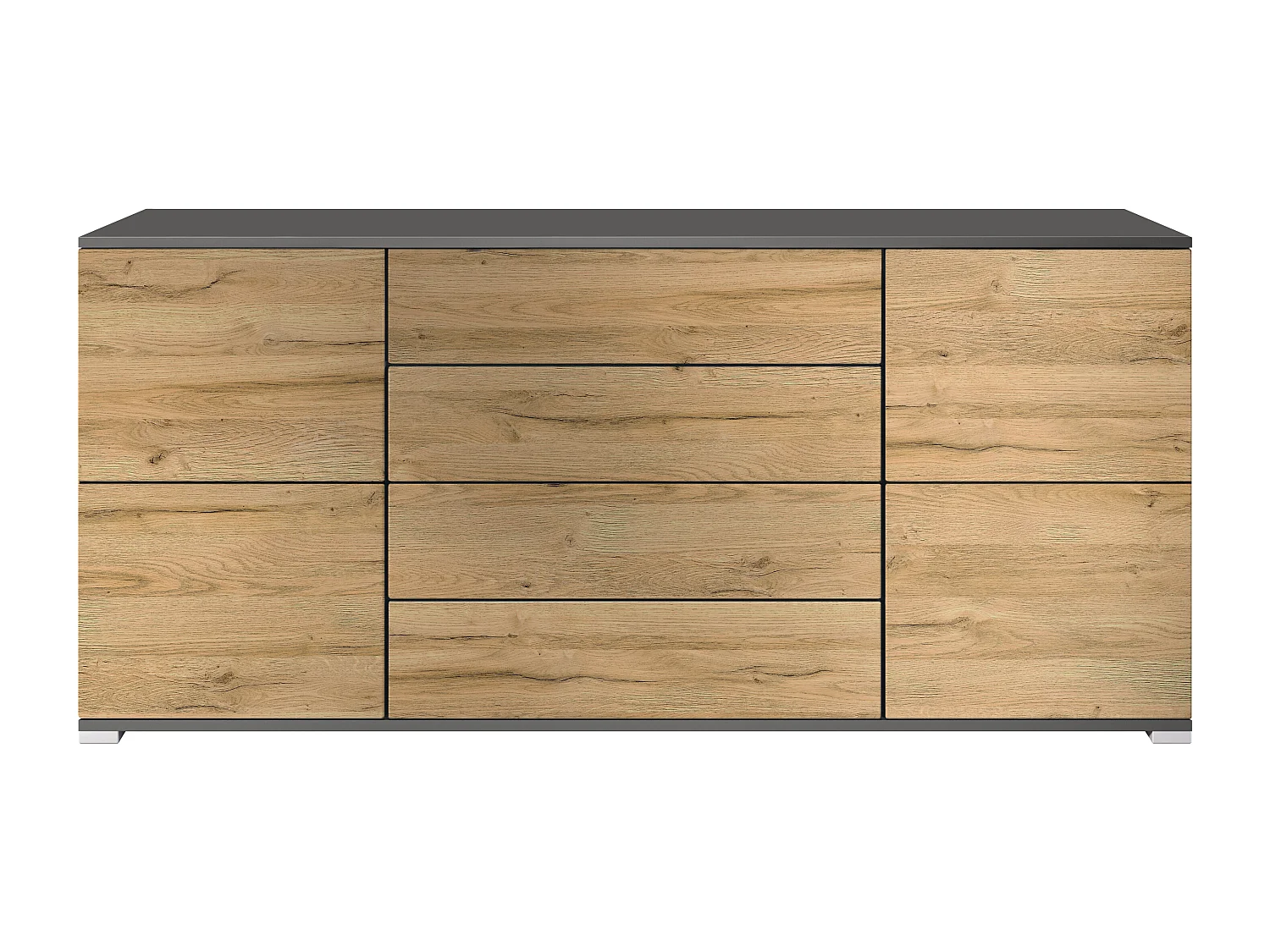 Buffet Rova V2 – Meuble avec 4 Portes et 4 Tiroirs, anthracite mat/chêne nature (166,5 x 75,5 x 35)