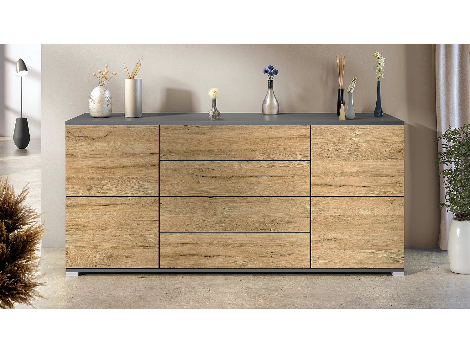 Buffet Rova V2 – Meuble avec 4 Portes et 4 Tiroirs, anthracite mat/chêne nature (166,5 x 75,5 x 35)