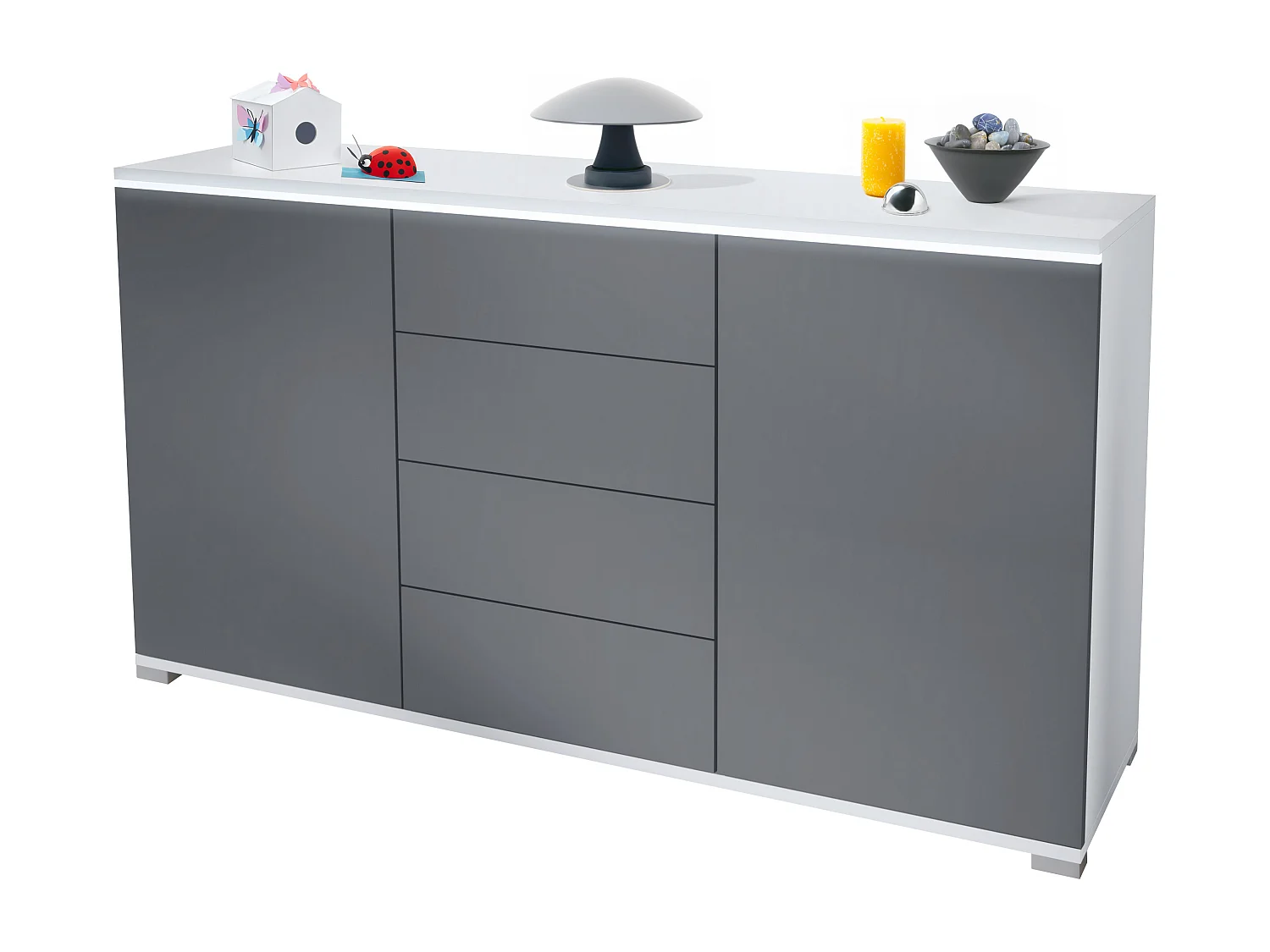 Buffet Faro V1 – Meuble avec 2 Portes & 4 Tiroirs, Armoire avec Bande LED Lumineuse, blanc mat / anthracite mat (138,5 x 75,5 x 35)