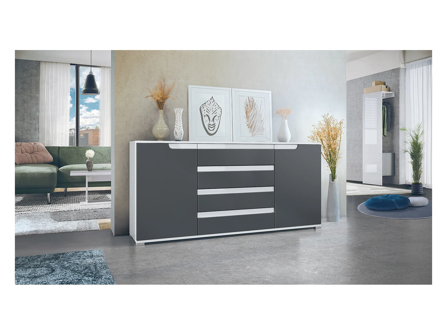 Buffet Sylt V2, Commode avec 2 Portes et 4 Tiroirs, Corps - blanc mat / Façade - anthracite mat / Détails - blanc haute brillance (166,5 x 75,5 x 35 cm)
