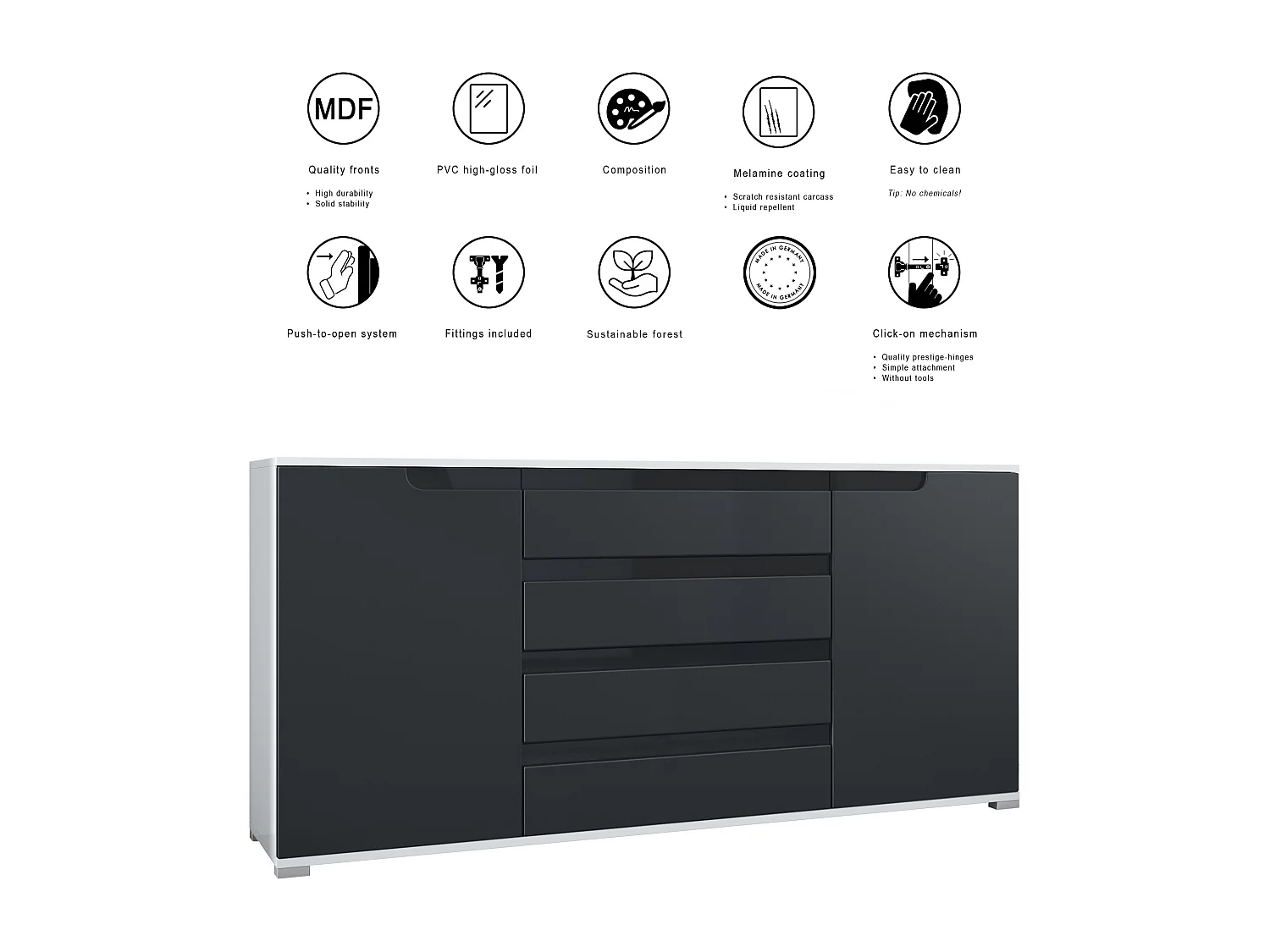 Buffet Sylt V2, Commode avec 2 Portes et 4 Tiroirs, Corps - blanc mat / Façade - anthracite mat / Détails - blanc haute brillance (166,5 x 75,5 x 35 cm)