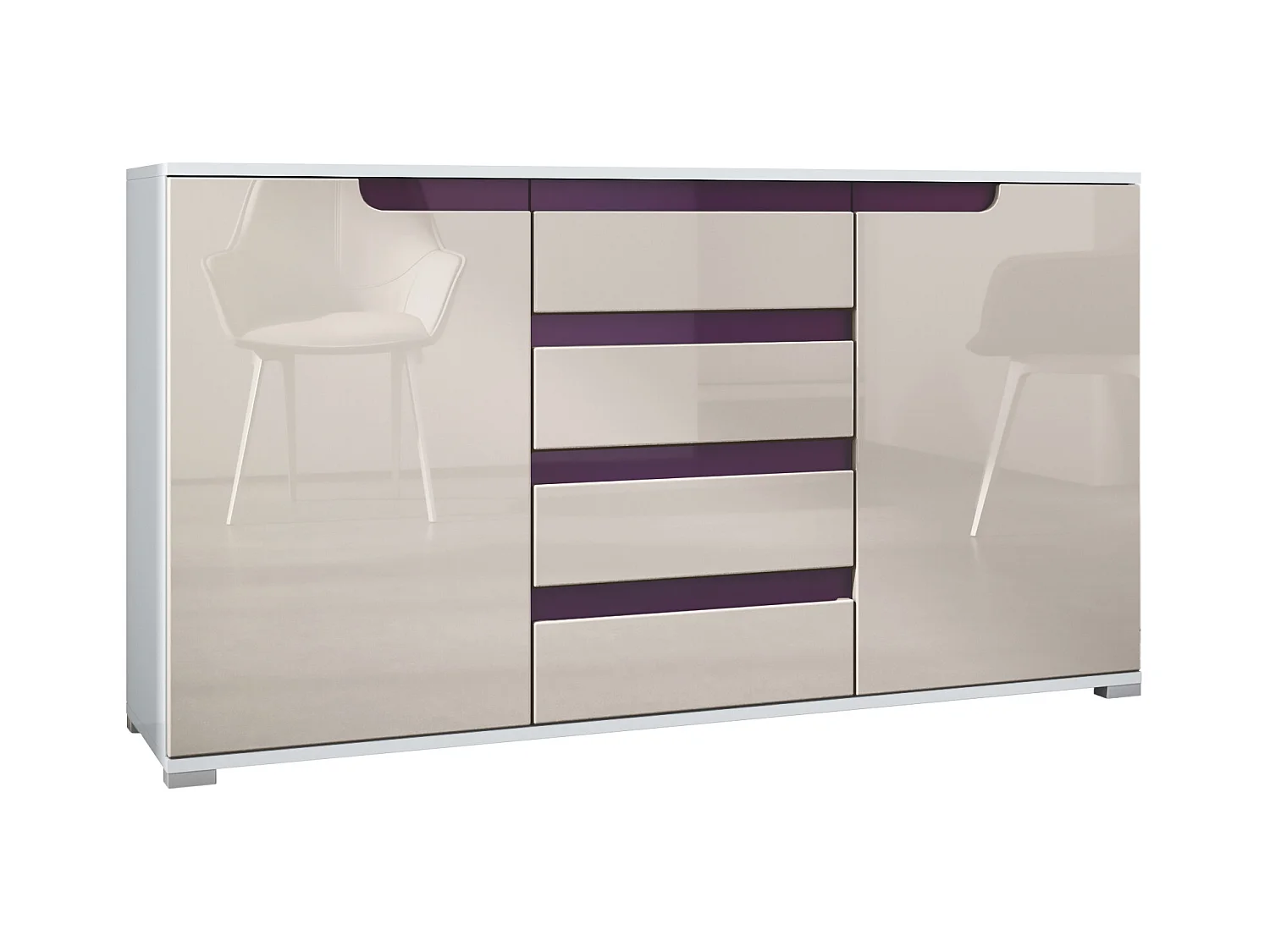 Buffet Dressoir Sylt, Corps en Noir mat / Façades en gris sable haute brillance avec un decor en mûre haute brillance (139 x 72 x 35)