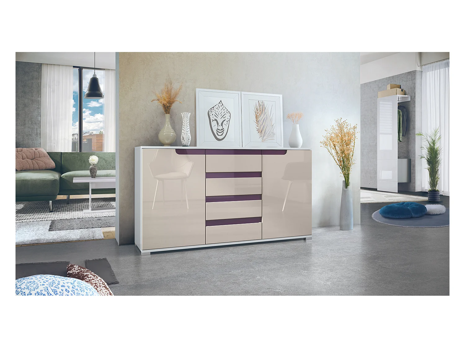 Buffet Dressoir Sylt, Corps en Noir mat / Façades en gris sable haute brillance avec un decor en mûre haute brillance (139 x 72 x 35)