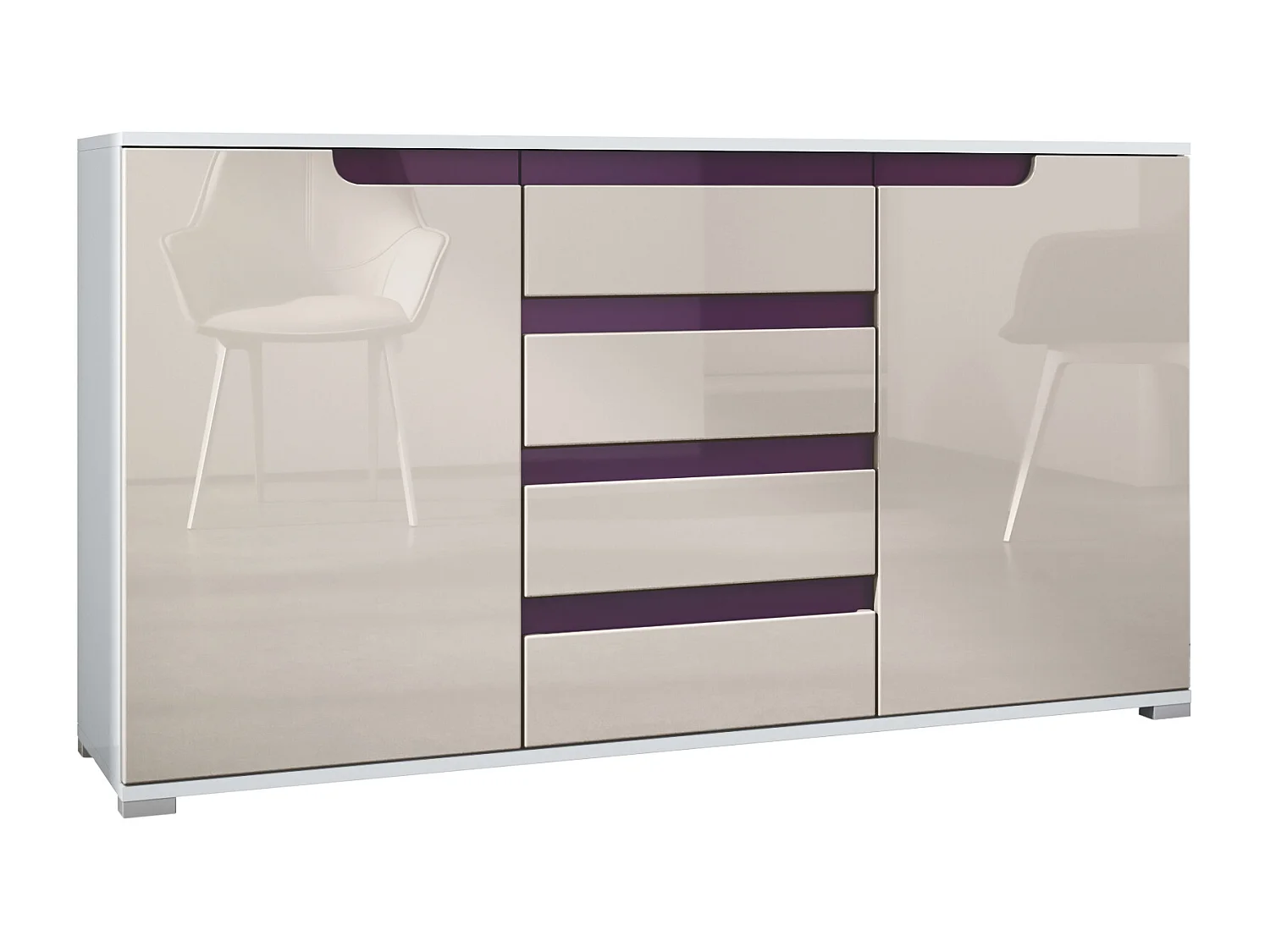 Buffet Dressoir Sylt, Corps en Noir mat / Façades en gris sable haute brillance avec un decor en mûre haute brillance (139 x 72 x 35)