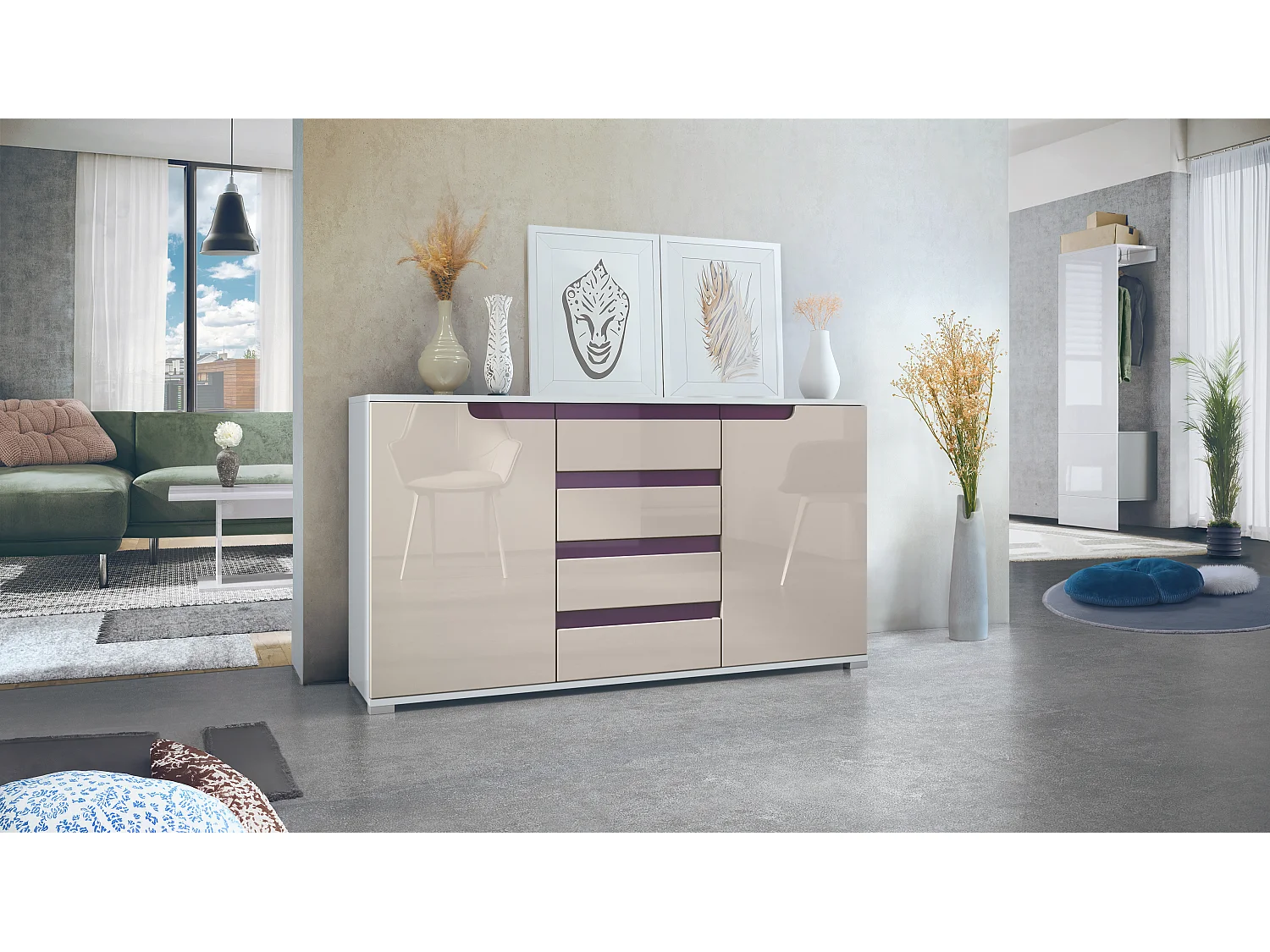 Buffet Dressoir Sylt, Corps en Noir mat / Façades en gris sable haute brillance avec un decor en mûre haute brillance (139 x 72 x 35)