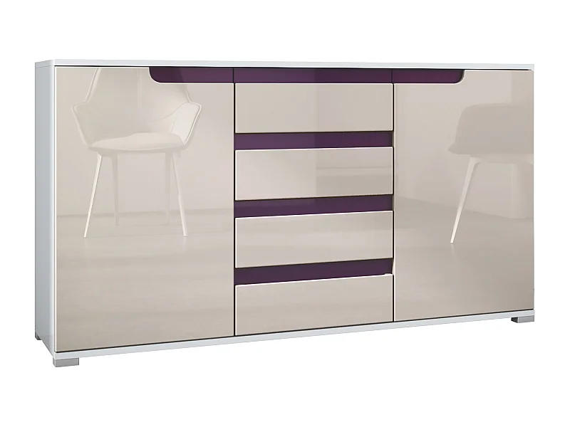 Buffet Dressoir Sylt, Corps en Noir mat / Façades en gris sable haute brillance avec un decor en mûre haute brillance (139 x 72 x 35)