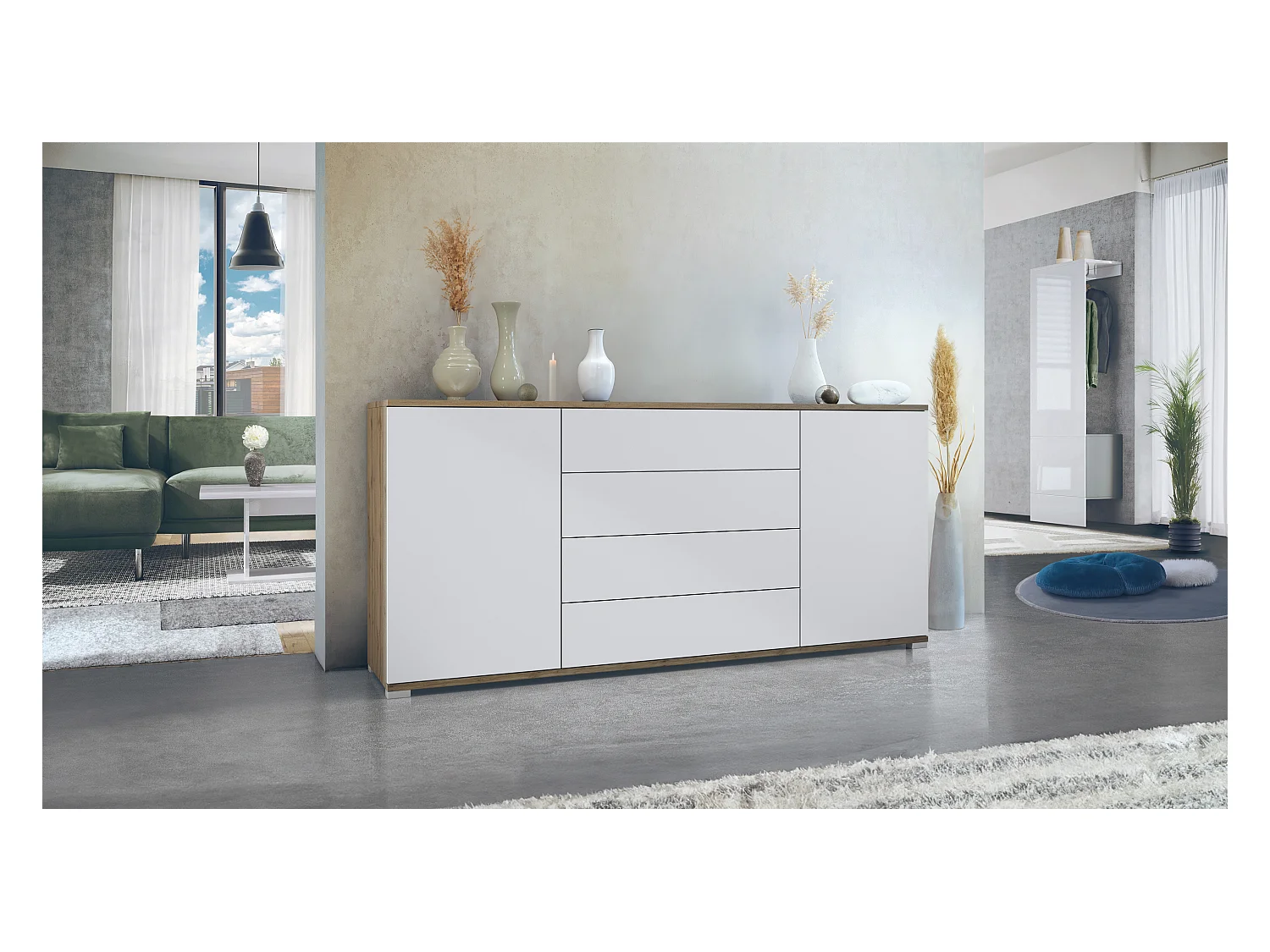 Buffet Santo V2, Enfilade avec 2 portes et 4 tiroirs, Chêne Evoke / blanc mat (166,5 x 75,5 x 35 cm)