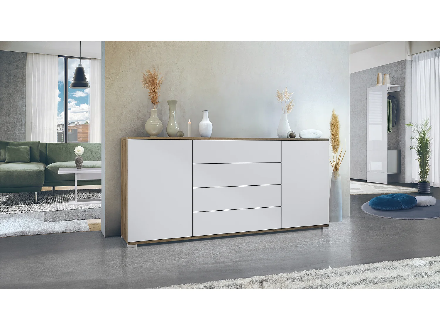 Buffet Santo V2, Enfilade avec 2 portes et 4 tiroirs, Chêne Evoke / blanc mat (166,5 x 75,5 x 35 cm)