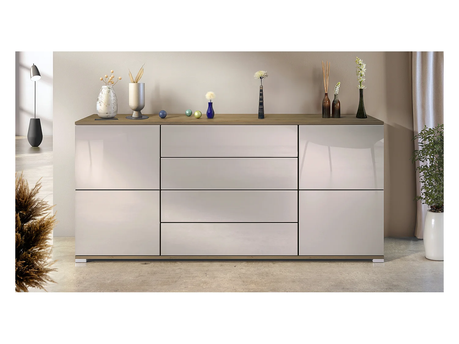 Buffet Rova V2 – Meuble avec 4 Portes et 4 Tiroirs, Chêne Evoke/gris sable haute brillance (166,5 x 75,5 x 35)