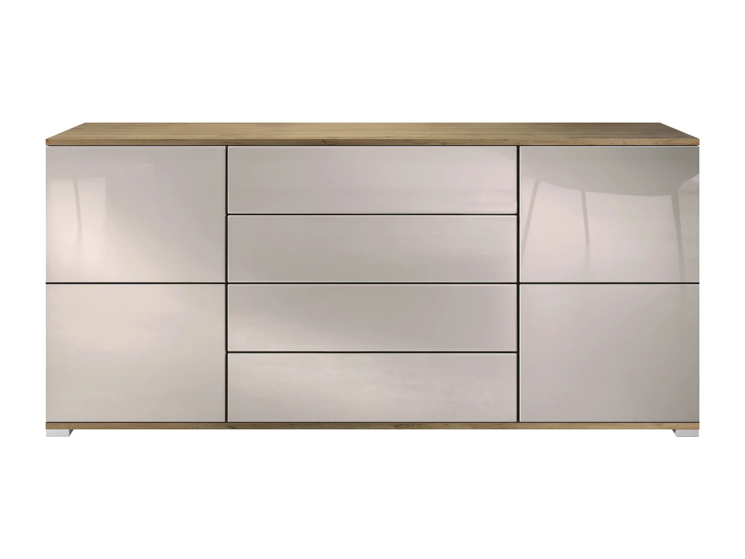 Buffet Rova V2 – Meuble avec 4 Portes et 4 Tiroirs, Chêne Evoke/gris sable haute brillance (166,5 x 75,5 x 35)