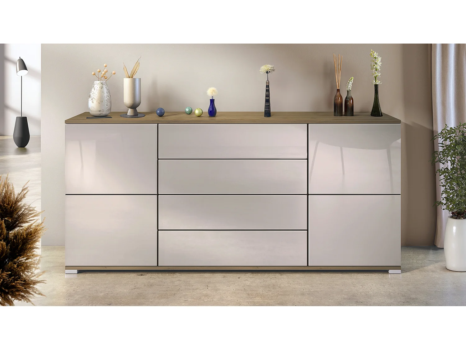 Buffet Rova V2 – Meuble avec 4 Portes et 4 Tiroirs, Chêne Evoke/gris sable haute brillance (166,5 x 75,5 x 35)