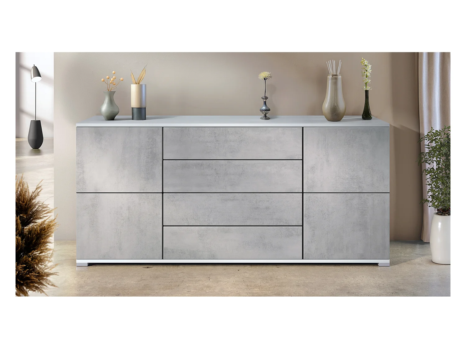 Buffet Rova V2 – Meuble avec 4 Portes et 4 Tiroirs, blanc mat/aspect béton oxyde (166,5 x 75,5 x 35)