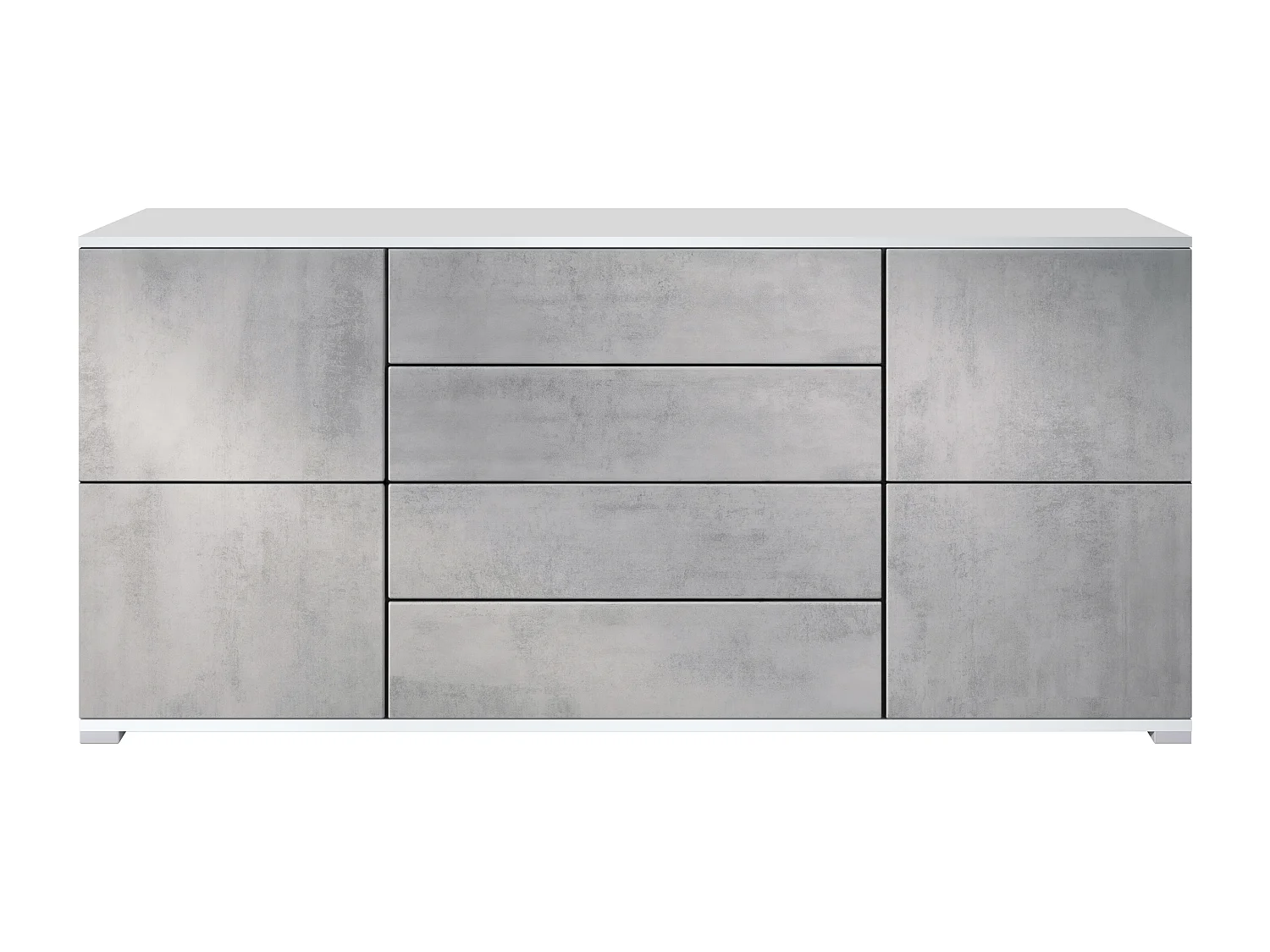 Buffet Rova V2 – Meuble avec 4 Portes et 4 Tiroirs, blanc mat/aspect béton oxyde (166,5 x 75,5 x 35)