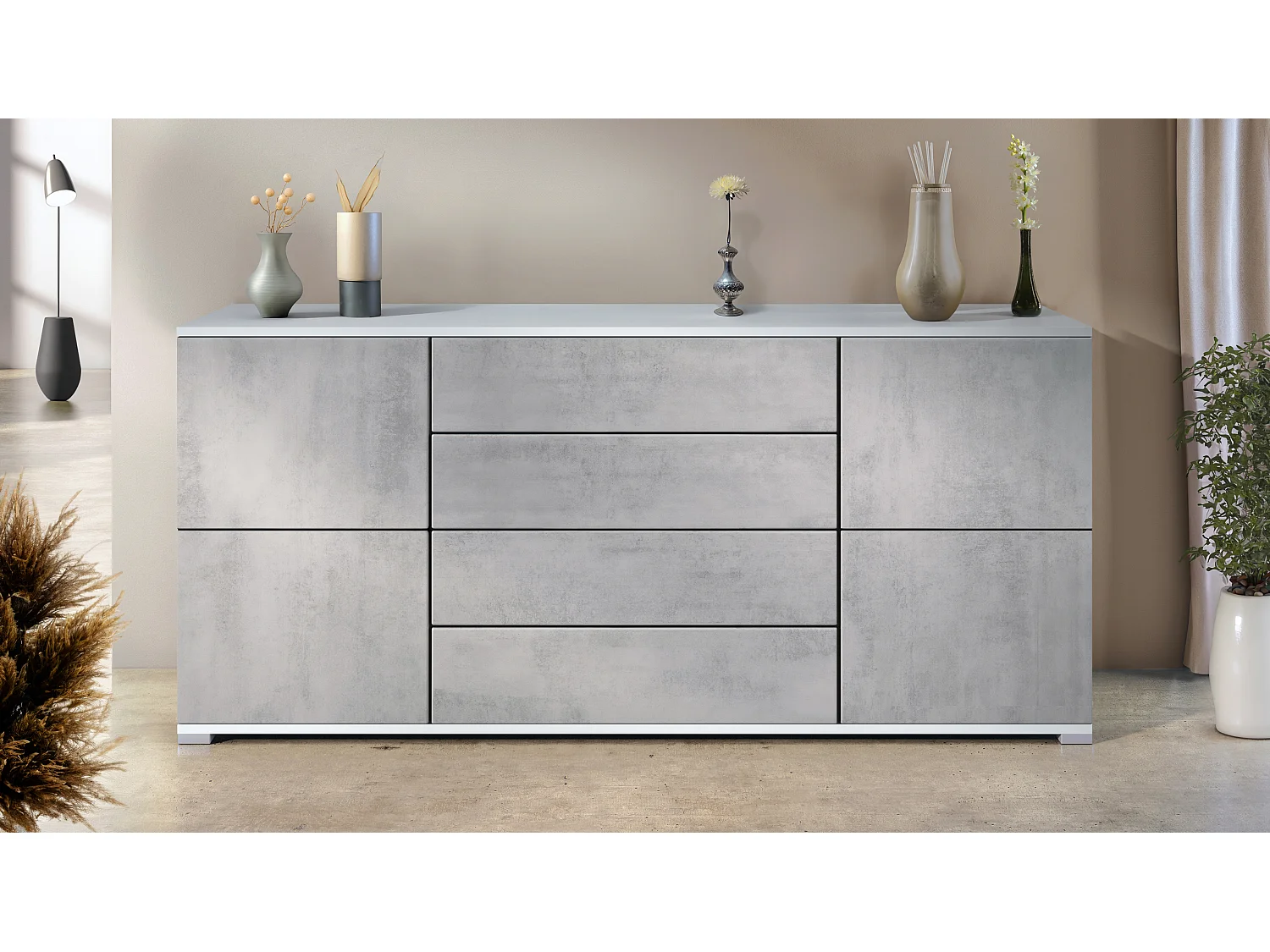 Buffet Rova V2 – Meuble avec 4 Portes et 4 Tiroirs, blanc mat/aspect béton oxyde (166,5 x 75,5 x 35)