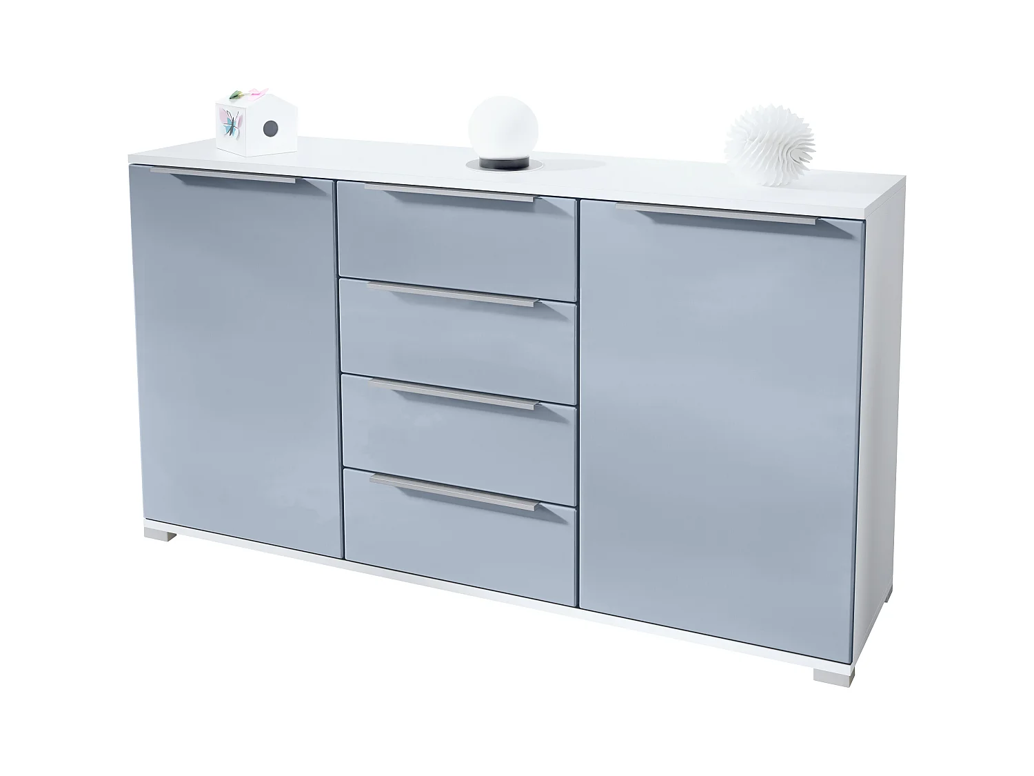 Buffet Linio V1, Enfilade avec 2 portes et 4 tiroirs, blanc mat / denim mat (138,5 x 75,5 x 35 cm)