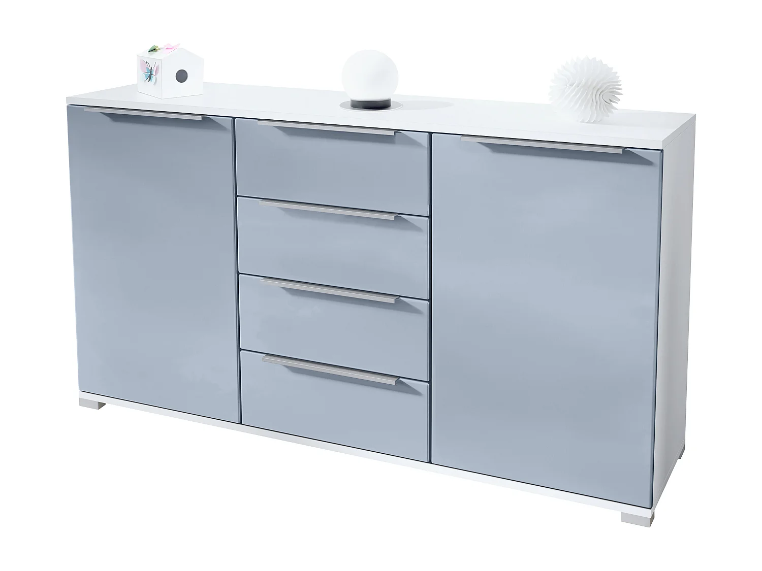 Buffet Linio V1, Enfilade avec 2 portes et 4 tiroirs, blanc mat / denim mat (138,5 x 75,5 x 35 cm)
