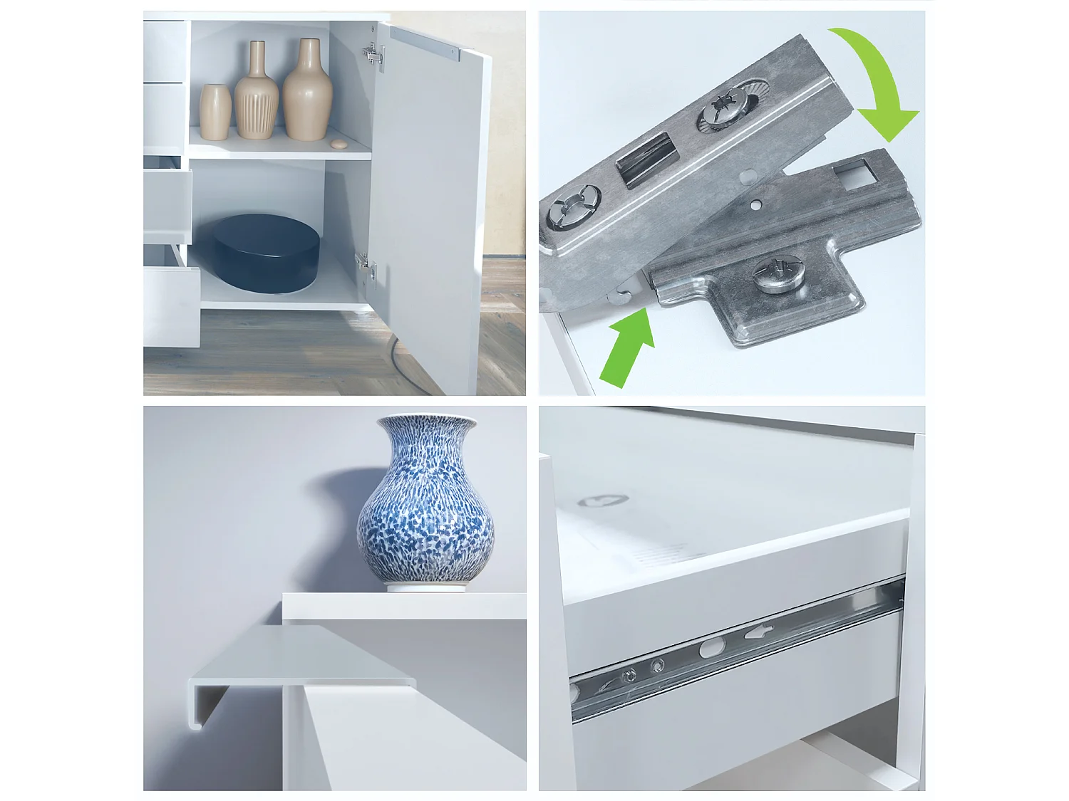 Buffet Linio V1, Enfilade avec 2 portes et 4 tiroirs, blanc mat / denim mat (138,5 x 75,5 x 35 cm)