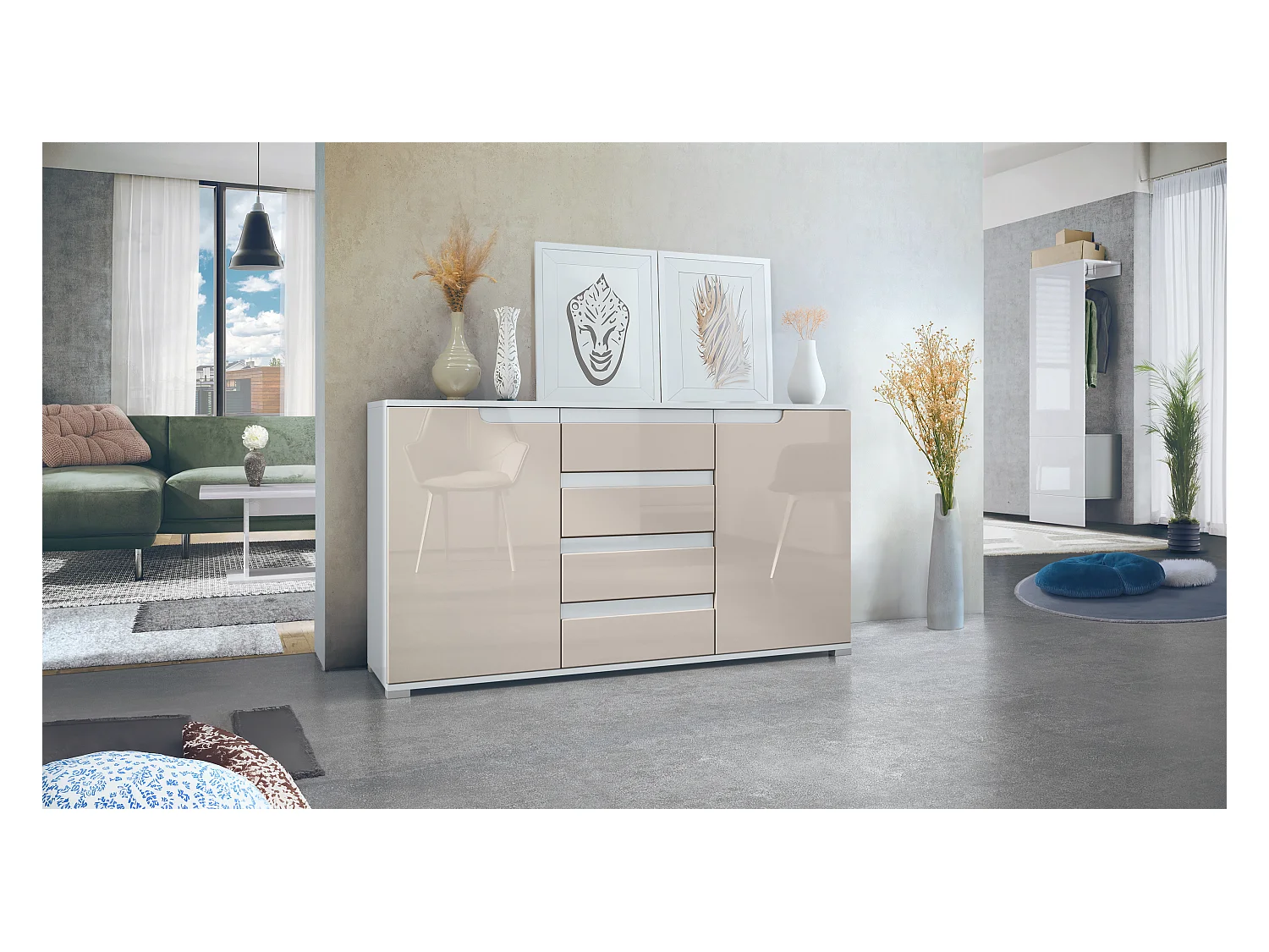 Buffet Dressoir Sylt, Corps en Noir mat / Façades en gris sable haute brillance avec un decor en blanc haute brillance (139 x 72 x 35)