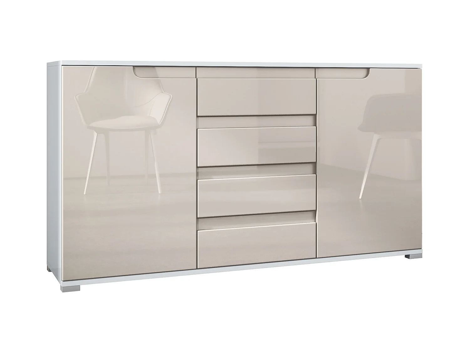 Buffet Dressoir Sylt, Corps en Noir mat / Façades en gris sable haute brillance avec un decor en blanc haute brillance (139 x 72 x 35)
