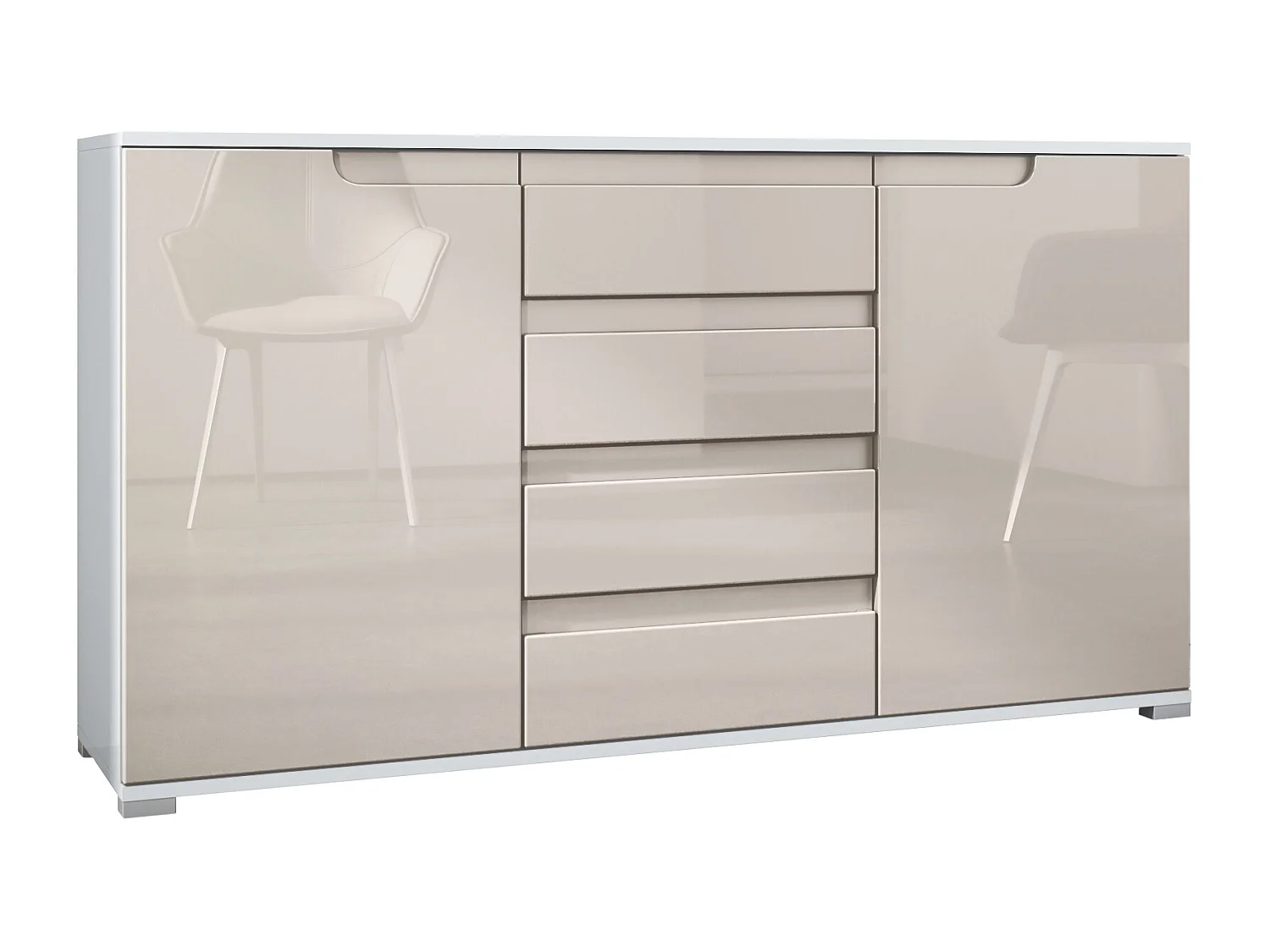 Buffet Dressoir Sylt, Corps en Noir mat / Façades en gris sable haute brillance avec un decor en blanc haute brillance (139 x 72 x 35)