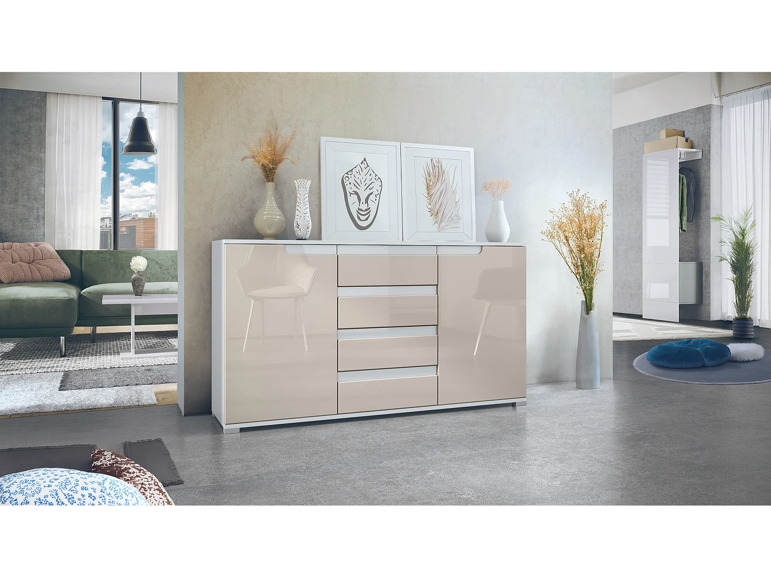 Buffet Dressoir Sylt, Corps en Noir mat / Façades en gris sable haute brillance avec un decor en blanc haute brillance (139 x 72 x 35)