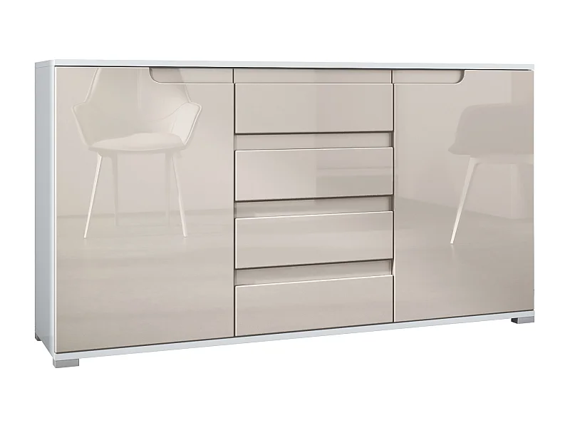 Buffet Dressoir Sylt, Corps en Noir mat / Façades en gris sable haute brillance avec un decor en blanc haute brillance (139 x 72 x 35)