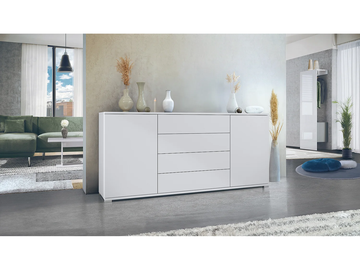 Credenza Santo V2, Madia con 2 ante e 4 cassetti, bianco opaco / bianco opaco (166,5 x 75,5 x 35 cm)