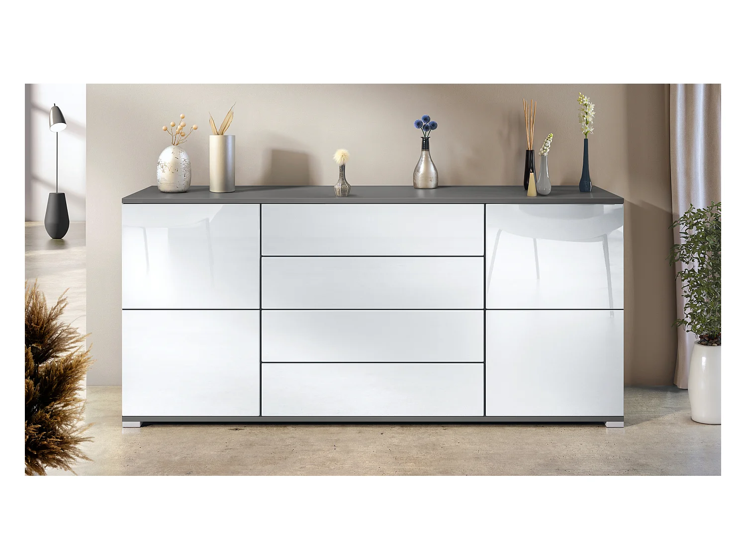 Buffet Rova V2 – Meuble avec 4 Portes et 4 Tiroirs, anthracite mat/blanc haute brillance (166,5 x 75,5 x 35)