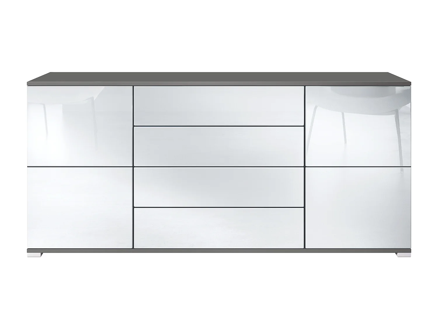 Buffet Rova V2 – Meuble avec 4 Portes et 4 Tiroirs, anthracite mat/blanc haute brillance (166,5 x 75,5 x 35)