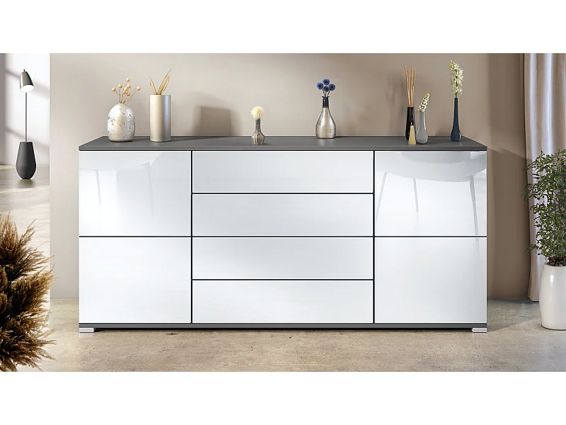 Buffet Rova V2 – Meuble avec 4 Portes et 4 Tiroirs, anthracite mat/blanc haute brillance (166,5 x 75,5 x 35)