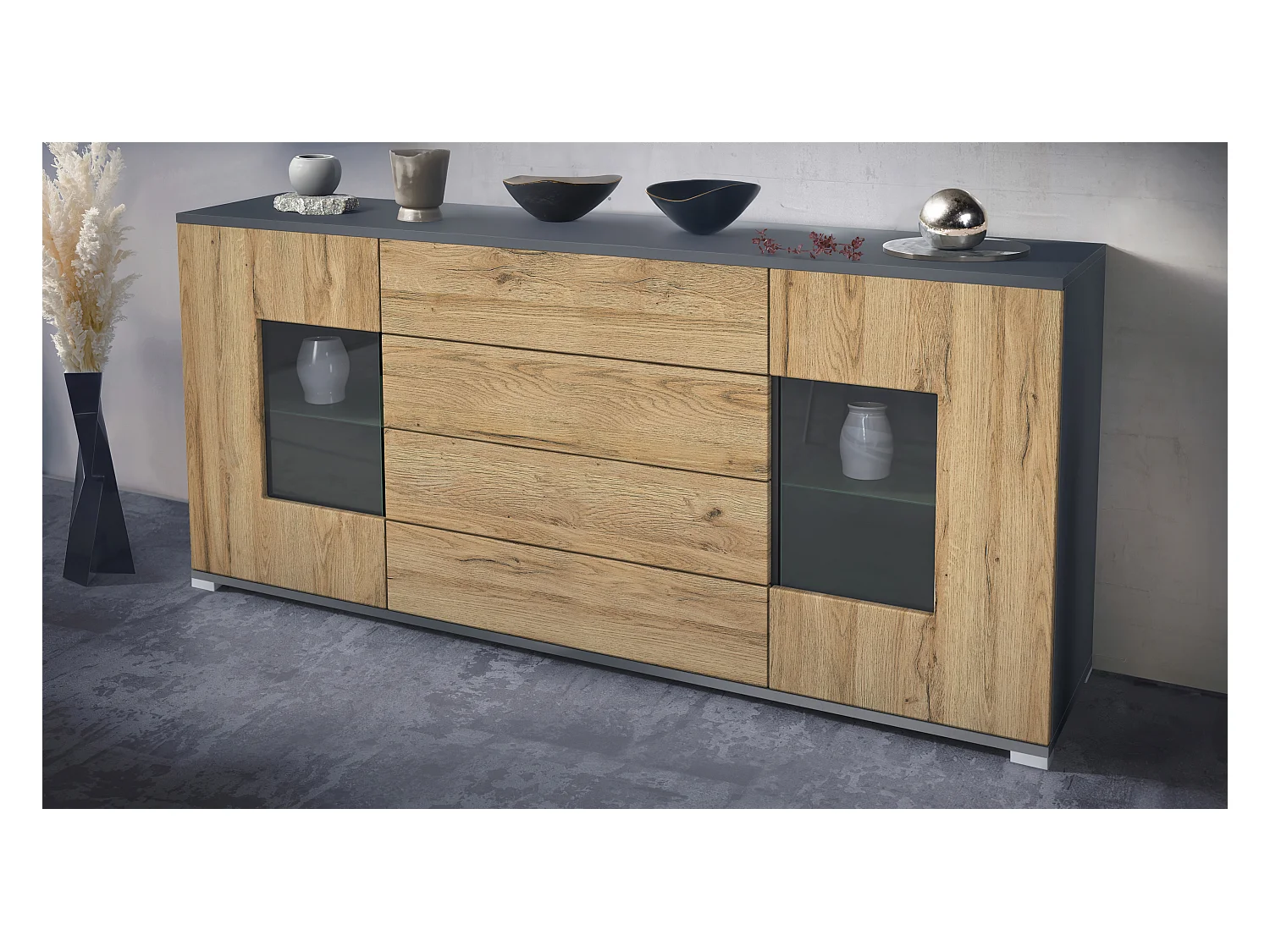 Buffet Grömitz V2 – Meuble avec 2 Grandes Portes et 4 Tiroirs, anthracite mat/chêne nature (166,5 x 75,5 x 35)