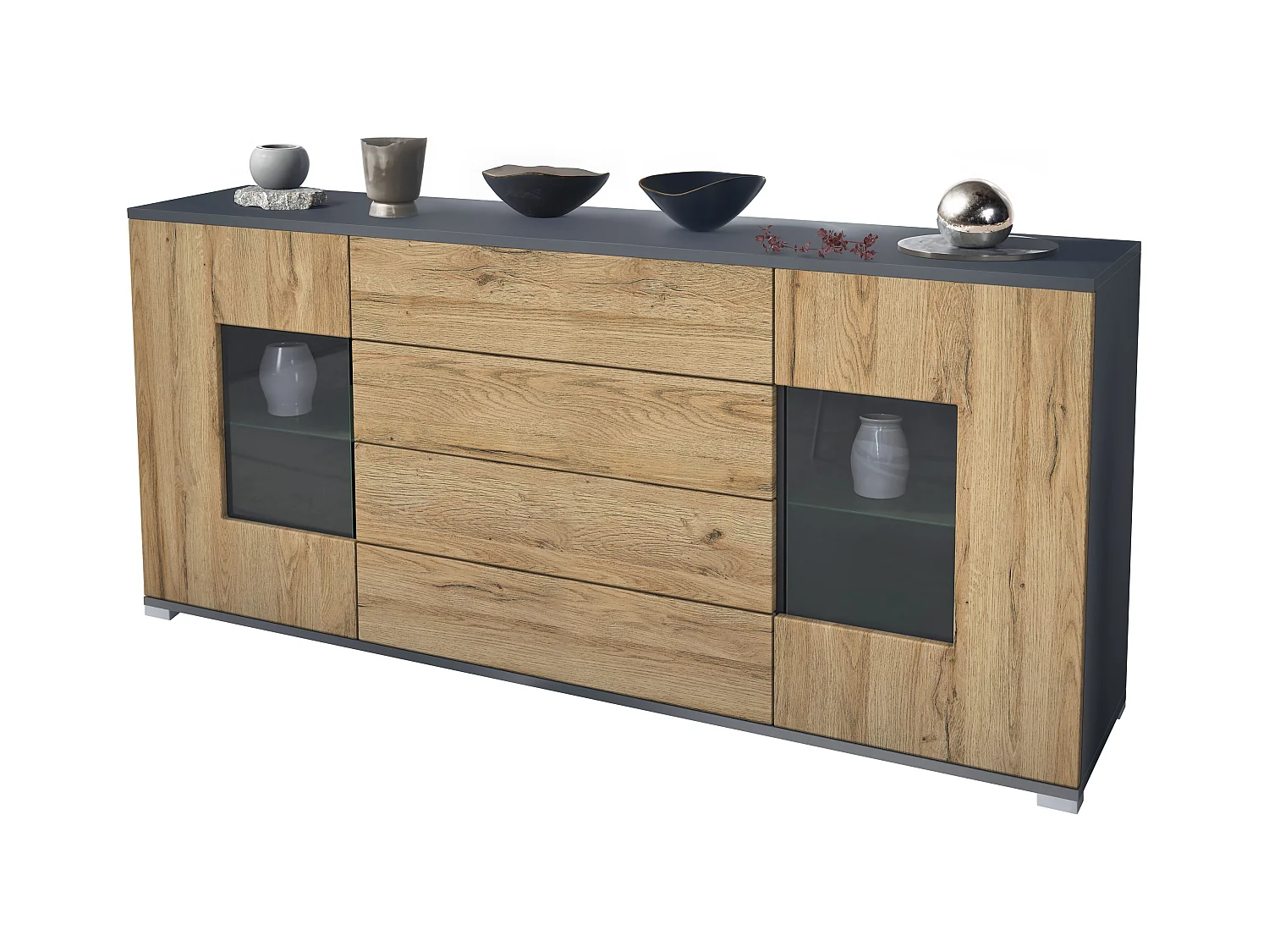 Buffet Grömitz V2 – Meuble avec 2 Grandes Portes et 4 Tiroirs, anthracite mat/chêne nature (166,5 x 75,5 x 35)