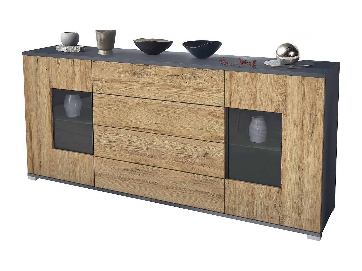 Buffet Grömitz V2 – Meuble avec 2 Grandes Portes et 4 Tiroirs, anthracite mat/chêne nature (166,5 x 75,5 x 35)